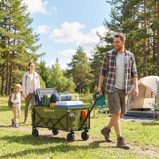 Outsunny 80L Foldable Festival Trolley On Wheels Collapsible Wagon Cart With Drop Down Tailgate Adjustable Handle Green