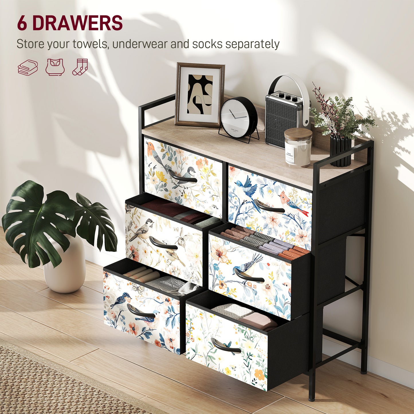 HOMCOM 6 Drawer Fabric Chest of Drawers White with Removable Foldable Drawers and Patterned Panels