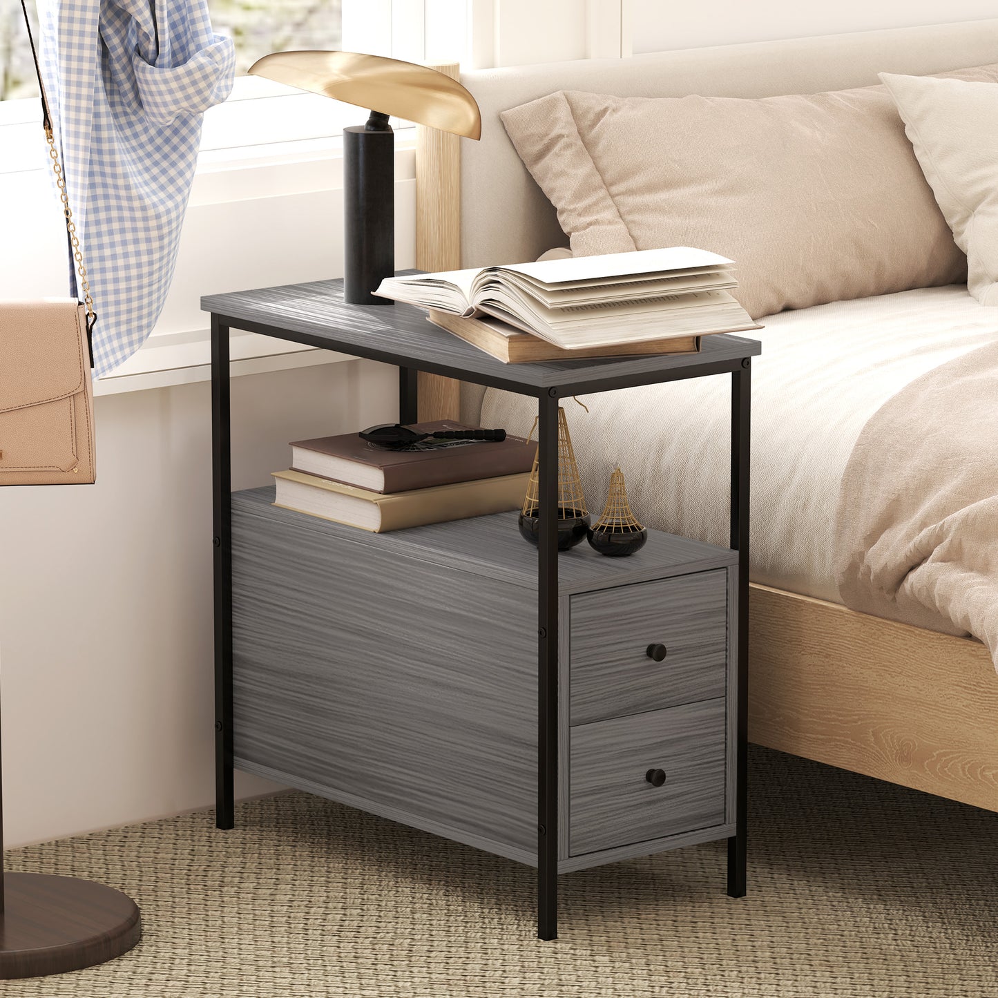 HOMCOM Narrow Bedside Table With 2 Drawers And Storage Shelf Industrial End Table Metal Frame Grey Wood Grain