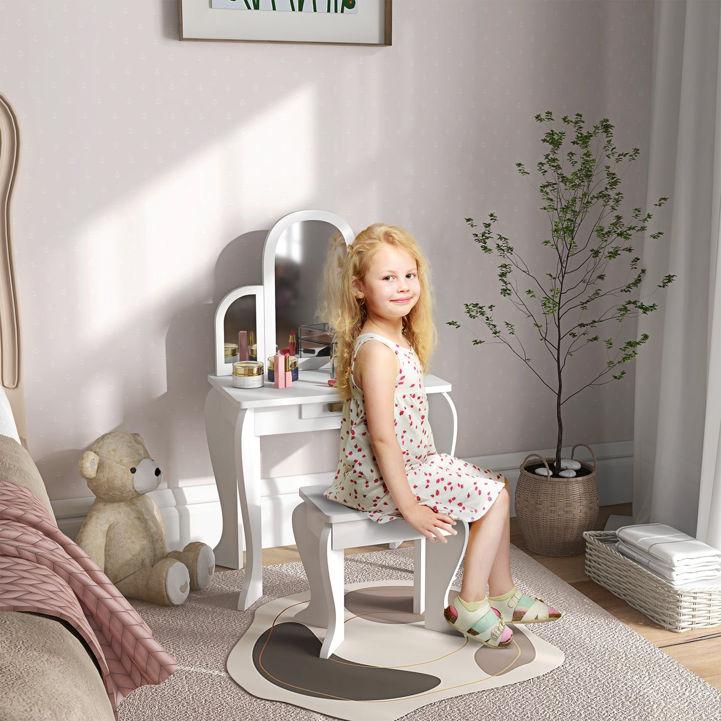 HOMCOM Kids Dressing Table Set With Mirror And Drawer White Vanity Desk for Girls