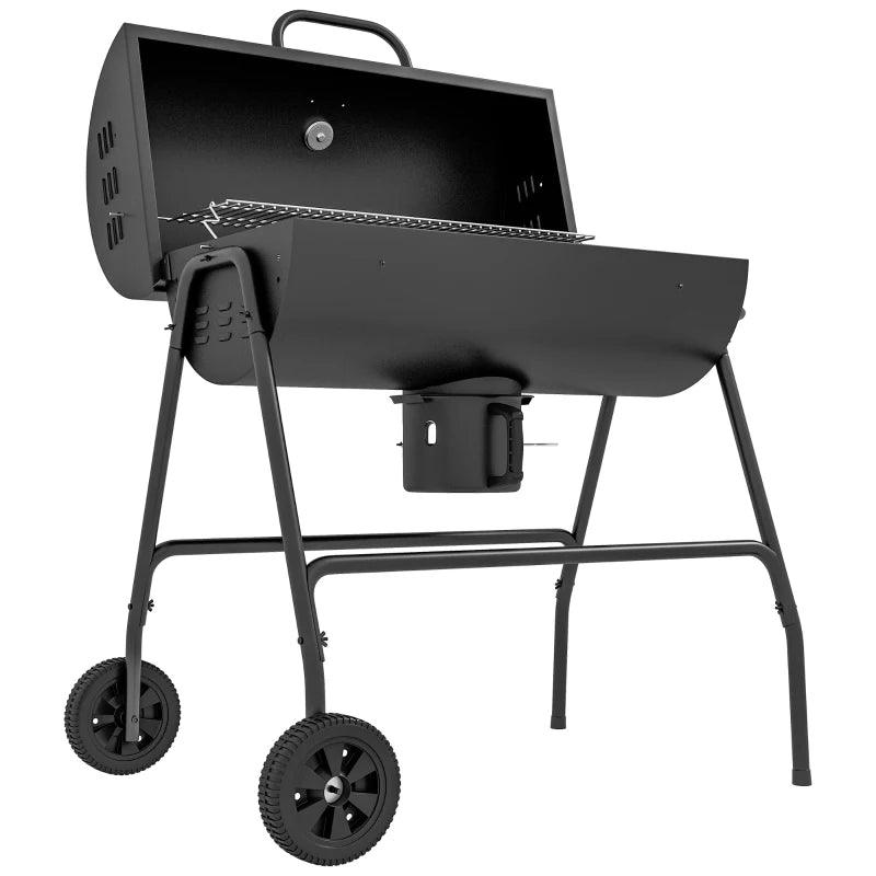 Outsunny Wheeled Barrel Charcoal Barbecue Grill Trolley - Outdoor BBQ with Rolling Wheels, Portable Design - Black - ALL4U RETAILER LTD