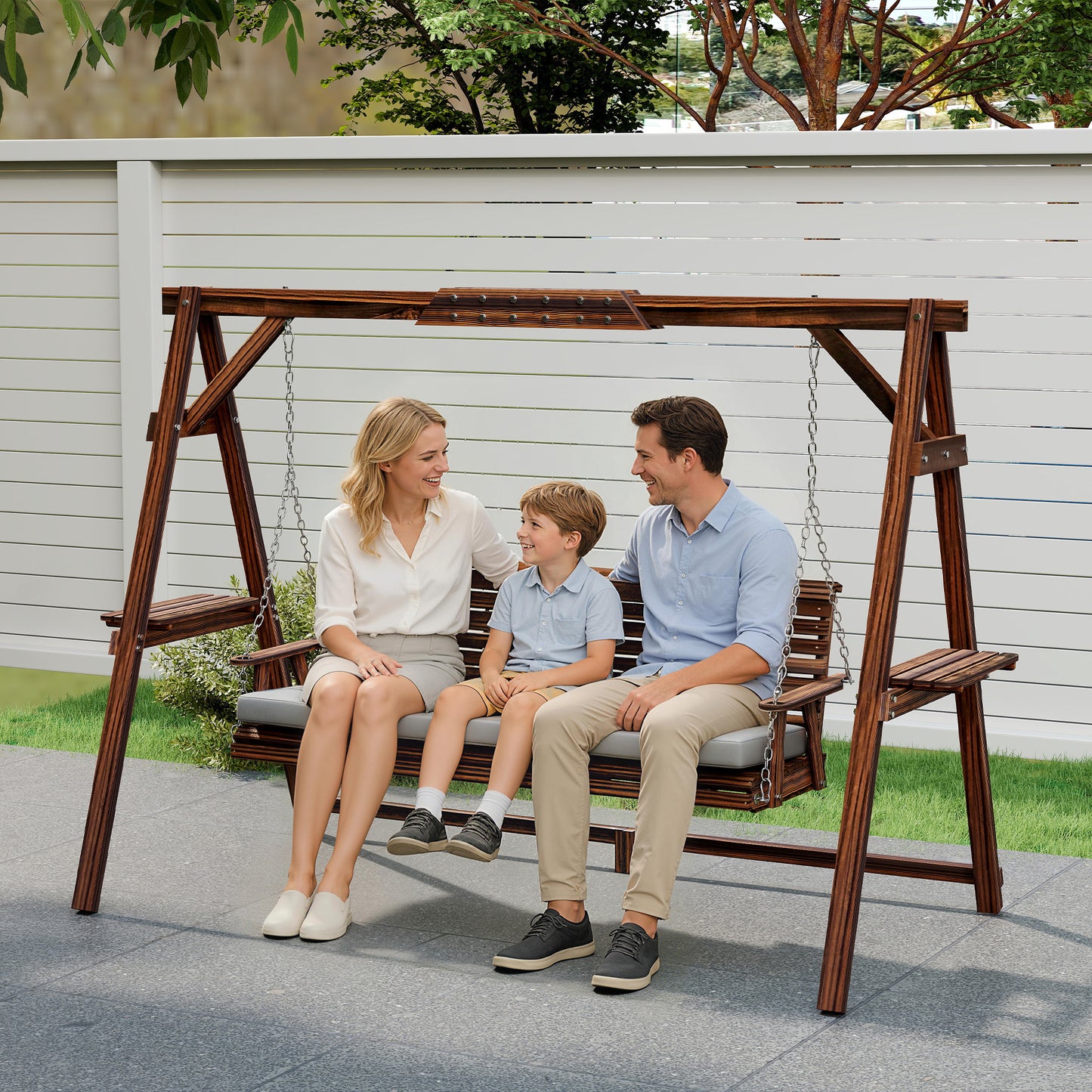 Outsunny 3 Seater Garden Swing Chair Bench With Cushion Side Trays Metal Chains Outdoor Porch Patio Carbonised Brown