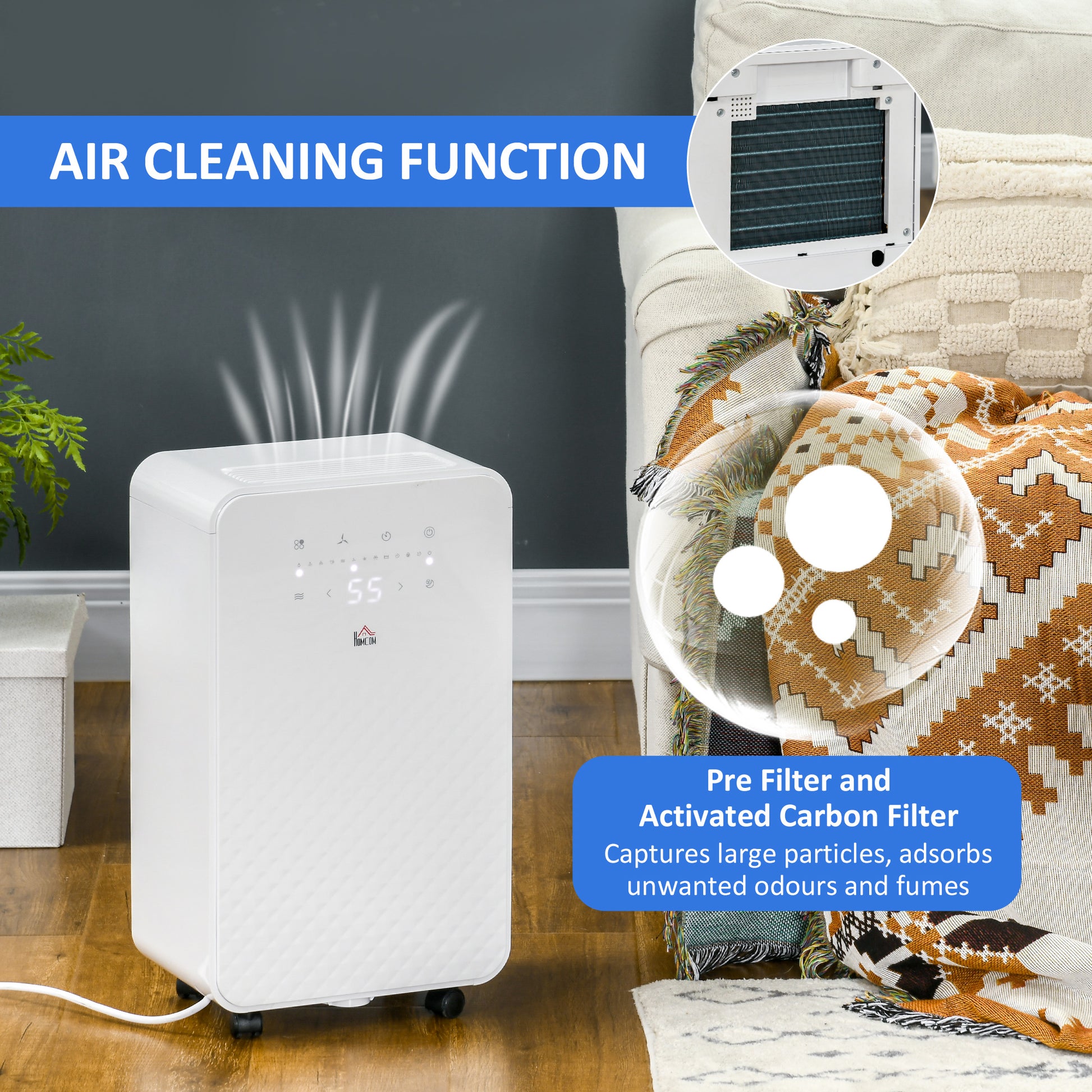 HOMCOM 2000mL Compact Dehumidifier and Air Purifier with 5 Modes, 24-Hour Timer, 12L/Day Capacity for Home Use, White - ALL4U RETAILER LTD