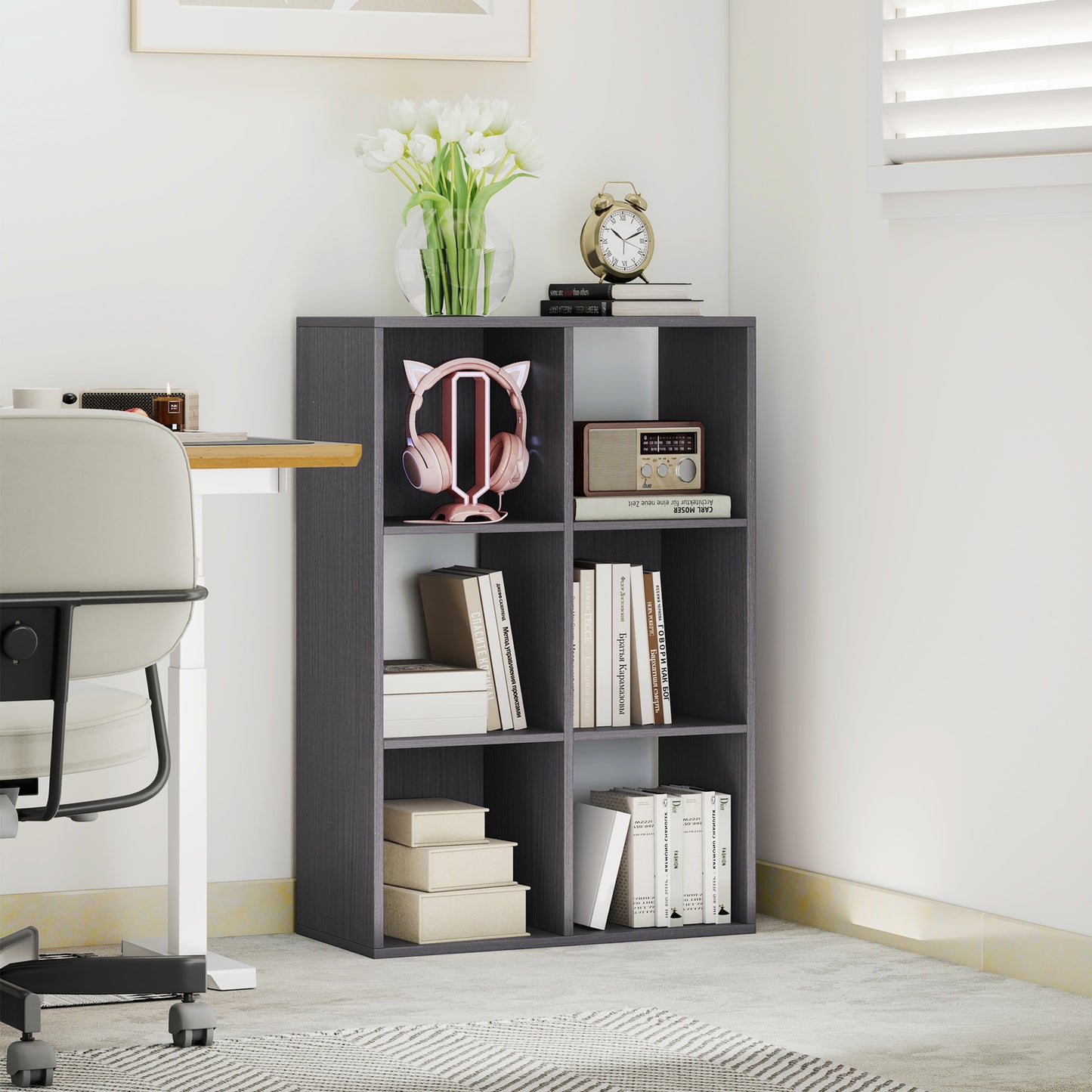 HOMCOM 6 Cube Bookshelf Grey Modern Storage Shelf For Home Office Organization Lightweight Particle Board