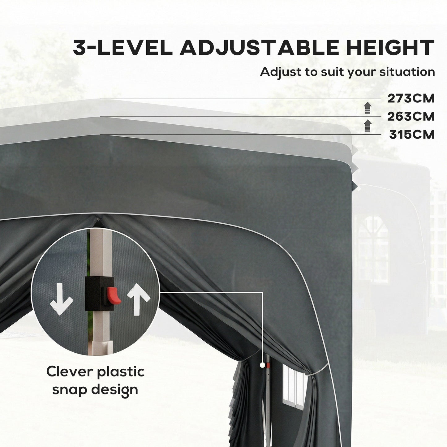 Outsunny 3x3m Pop Up Gazebo Shelter With Accessories Dark Grey UPF50 Fabric Canopy Adjustable Height 255 265 275 cm