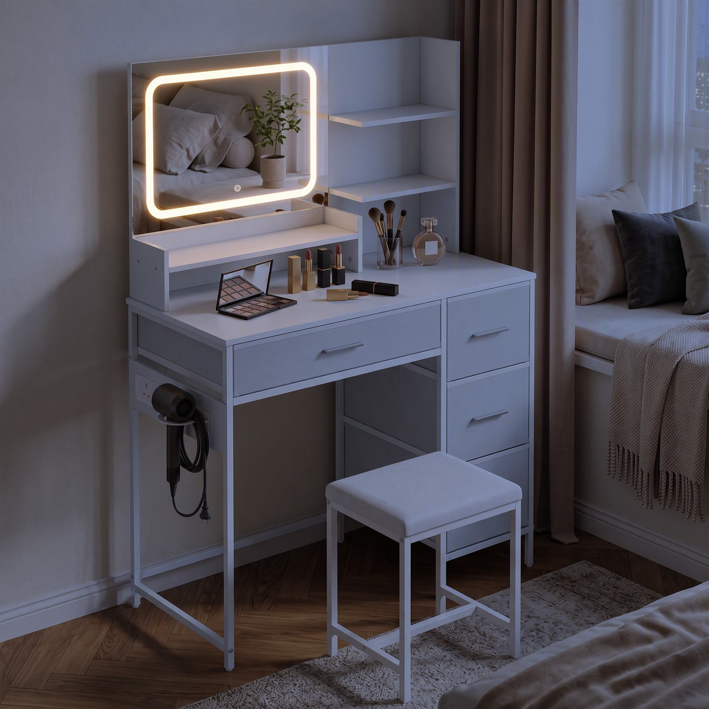 HOMCOM Vanity Desk With LED Mirror, 4 Drawers, 5 Shelves, Power Outlet