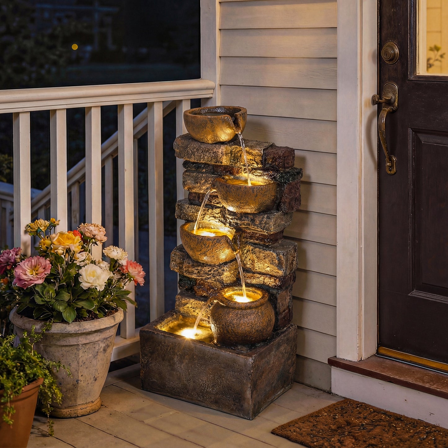 Outsunny 28 Inch 5 Tier Outdoor Fountain With Cascading Waterfall LED Lights Adjustable Flow Rustic Brown