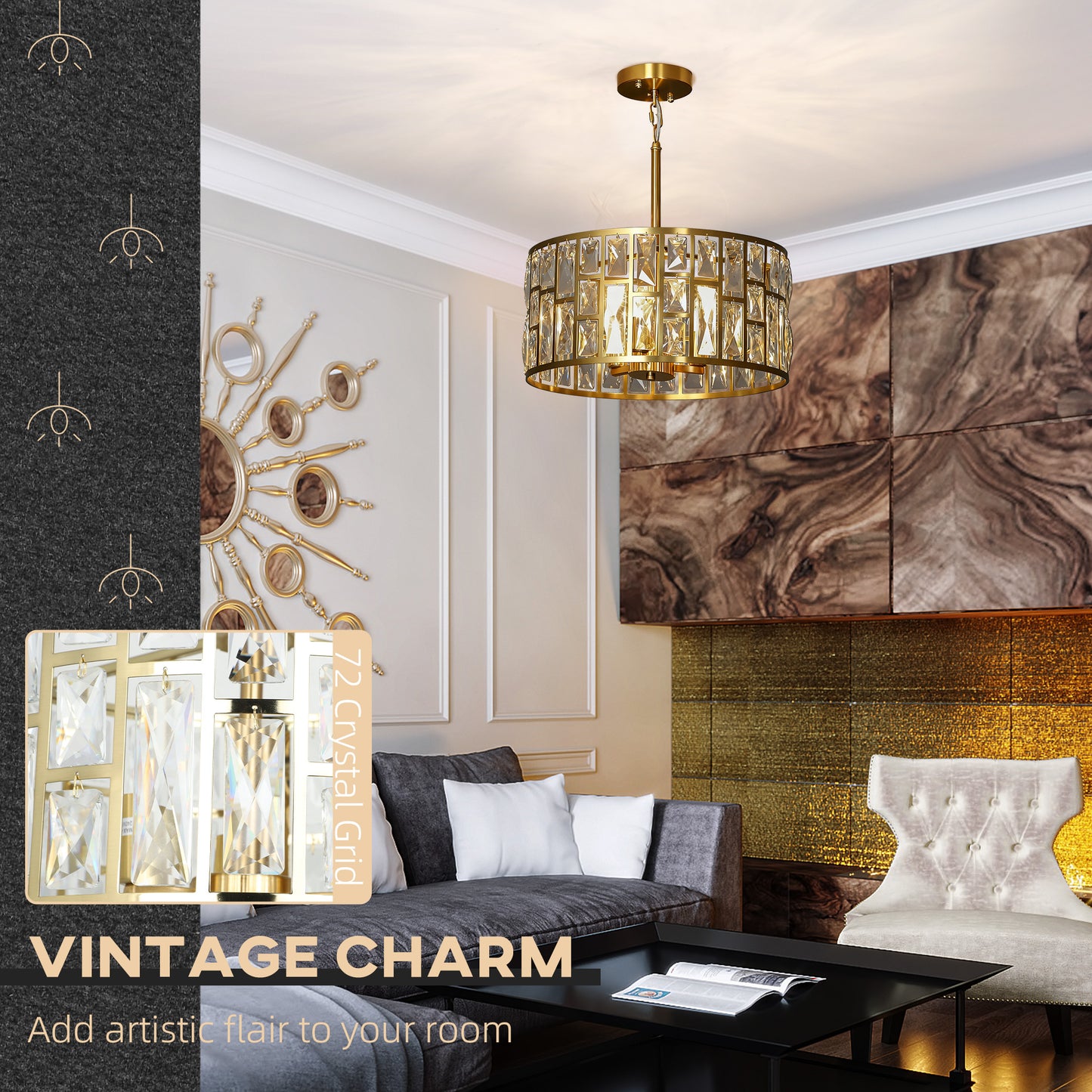 HOMCOM 72 Glass Crystallite Chandelier Gold Tone Ceiling Light With Flush Mount Or Hanging Installation Three Bulbs