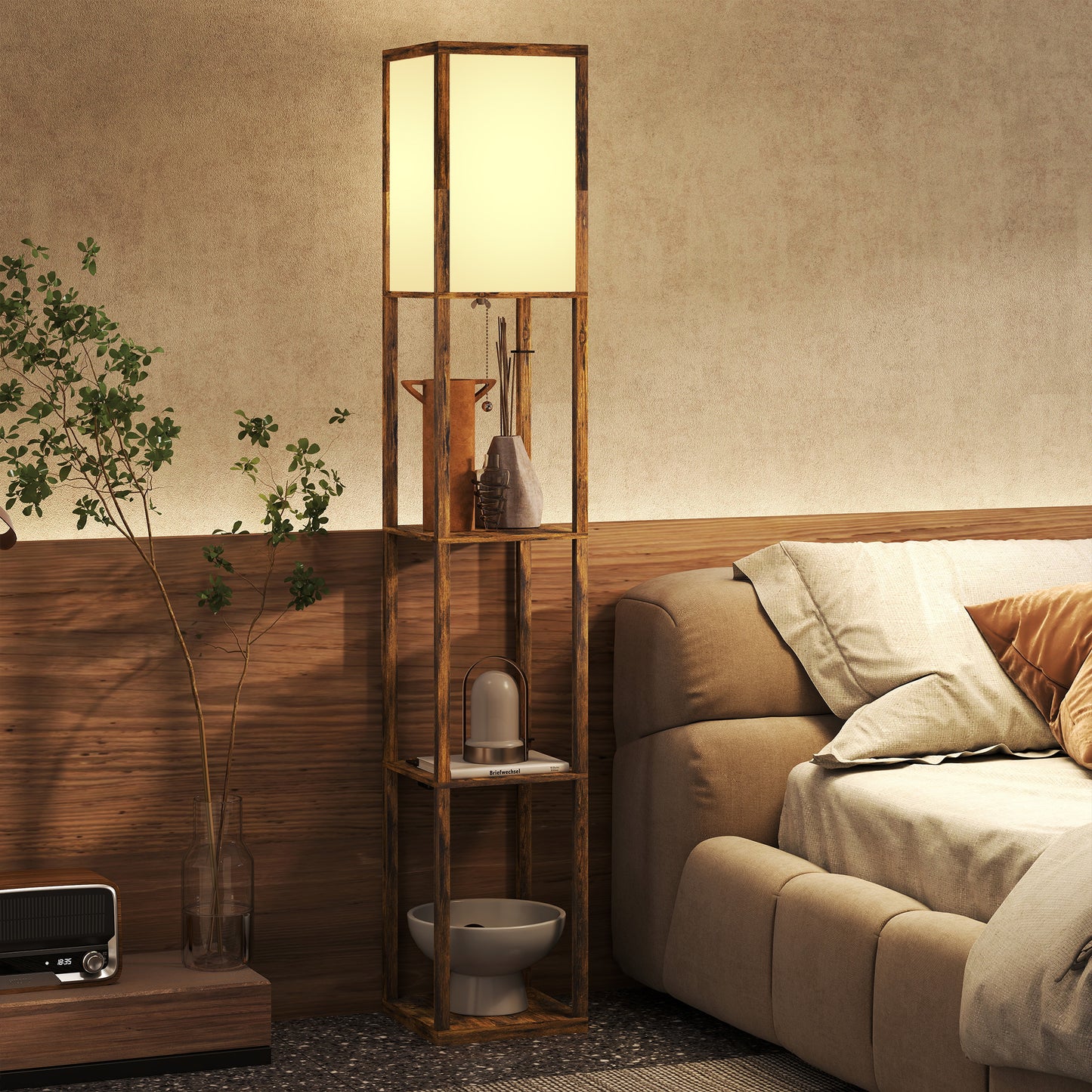 HOMCOM Floor Lamp With Shelves, USB Ports, 3 Colour Temperature, Rustic Brown Standing Lamp