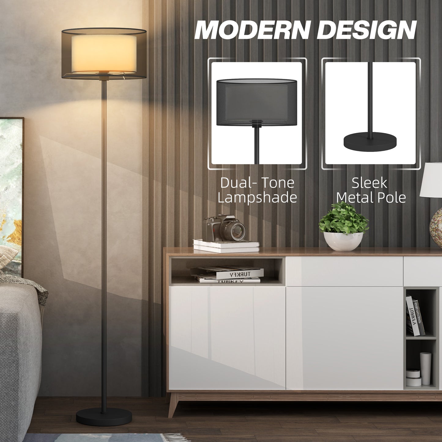 HOMCOM Floor Lamp For Living Room And Office With Double Layer Shade And Foot Switch, Minimalist Tall Pole Black