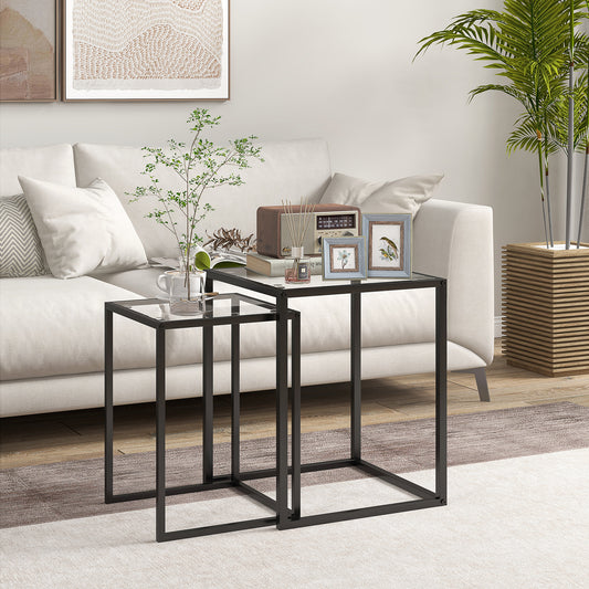HOMCOM Nesting Tables Set of 2 With Tempered Glass Tops and Steel Frame Space Saving End Tables for Living Room Black