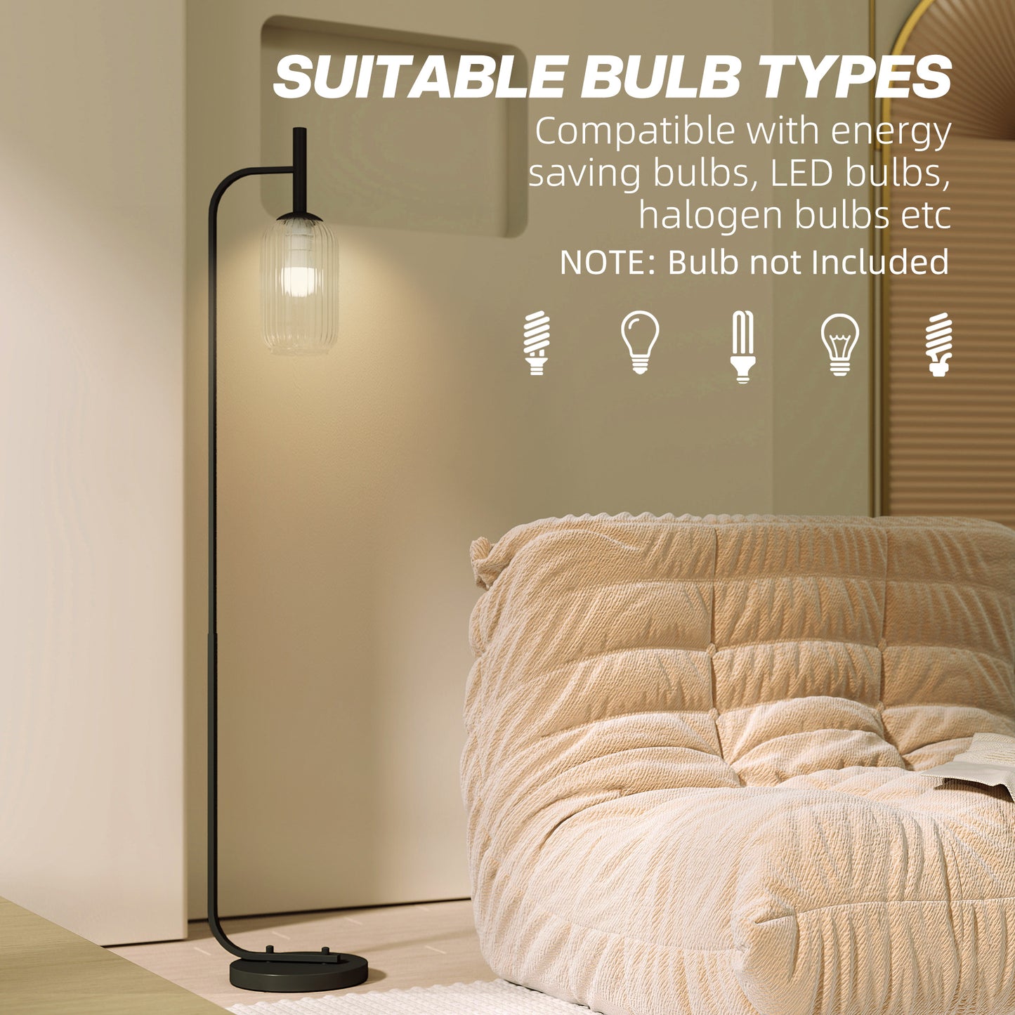 HOMCOM Floor Lamp Glass Shade Modern Standing Lamp With Foot Switch Black Bulb Not Included For Living Room Or Bedroom