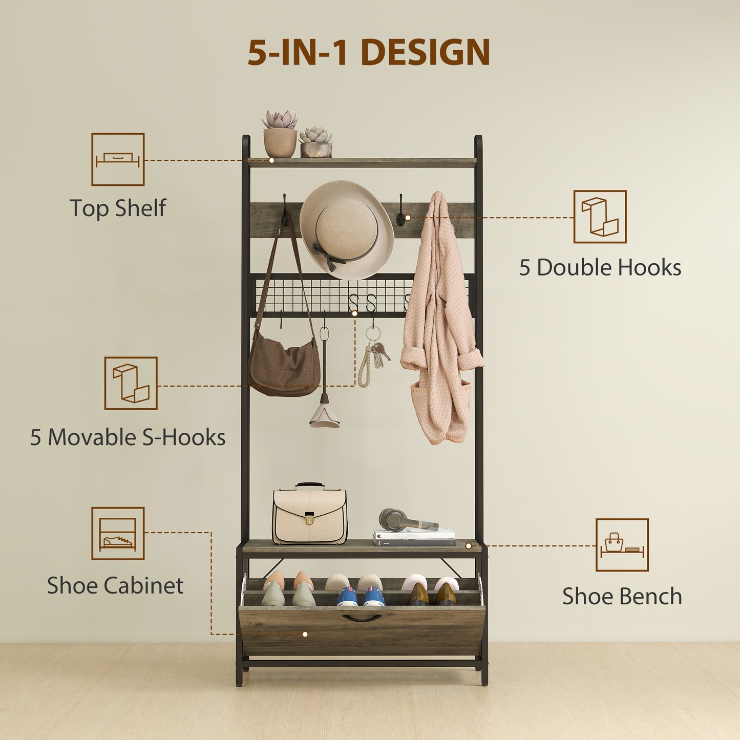 HOMCOM 5 In 1 Industrial Style Hallway Tree Grey Black Coat Rack Bench And Shoe Storage