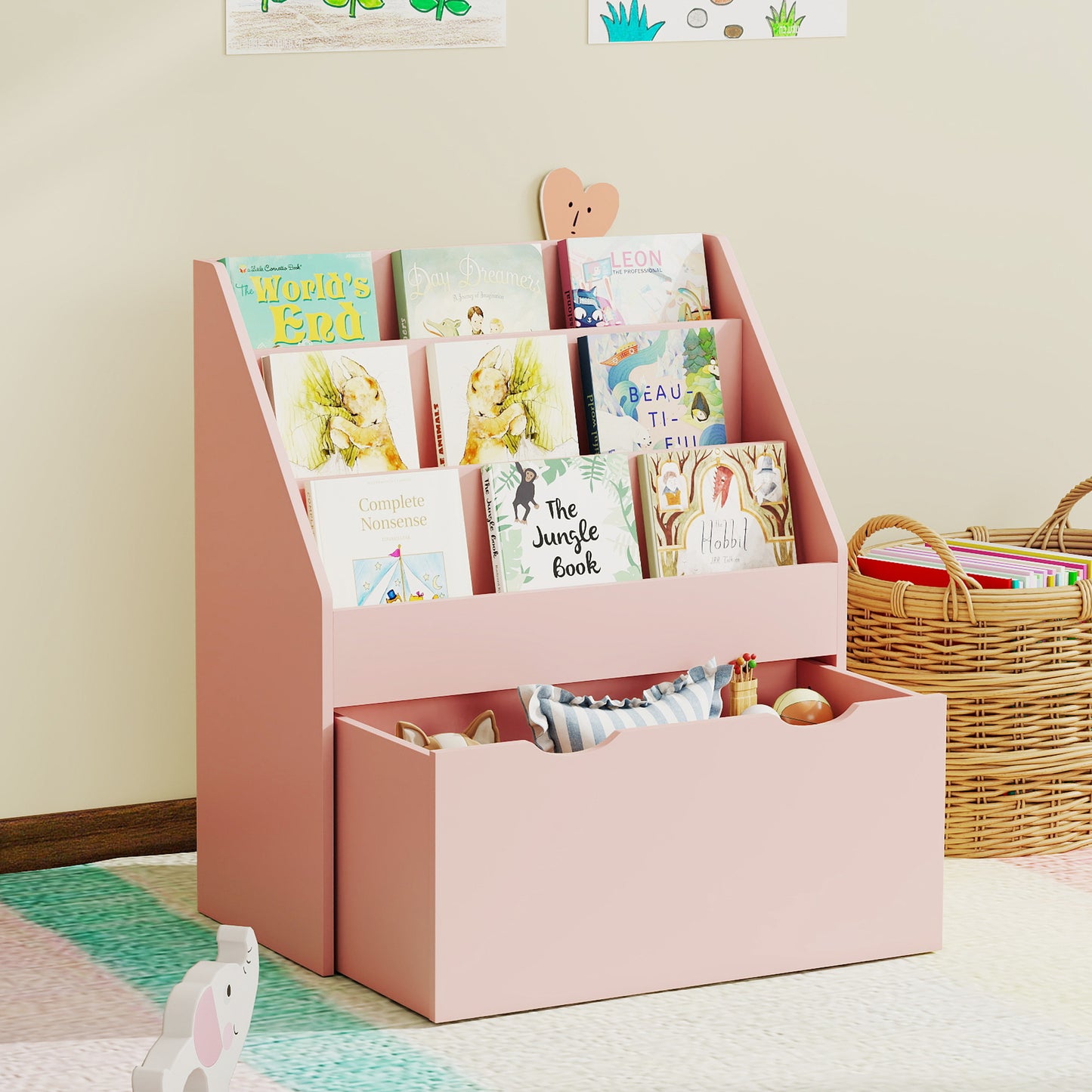 AIYAPLAY Pink Kids Bookcase With Shelves And Drawer On Wheels For Bedroom And Playroom