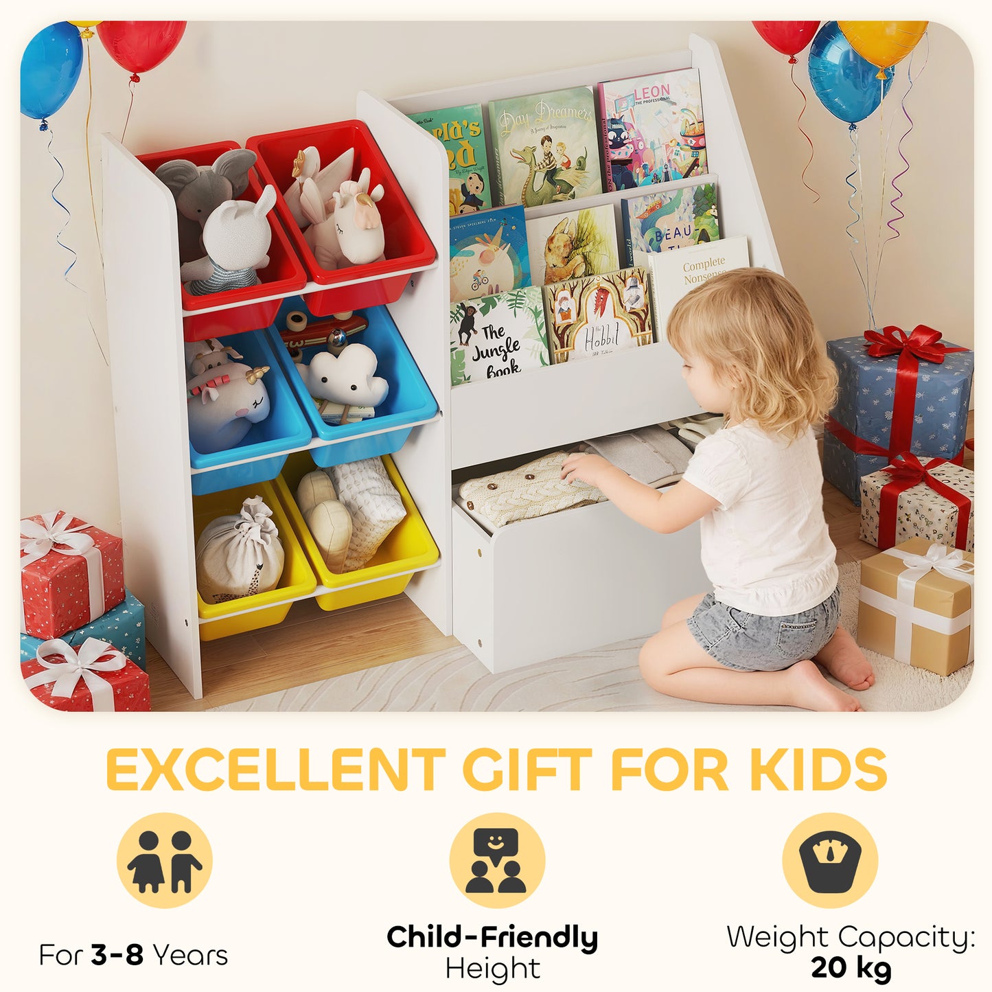 AIYAPLAY 3 Tier Toy Organiser Shelf With 6 Removable Bins Multicoloured For Bedroom Nursery