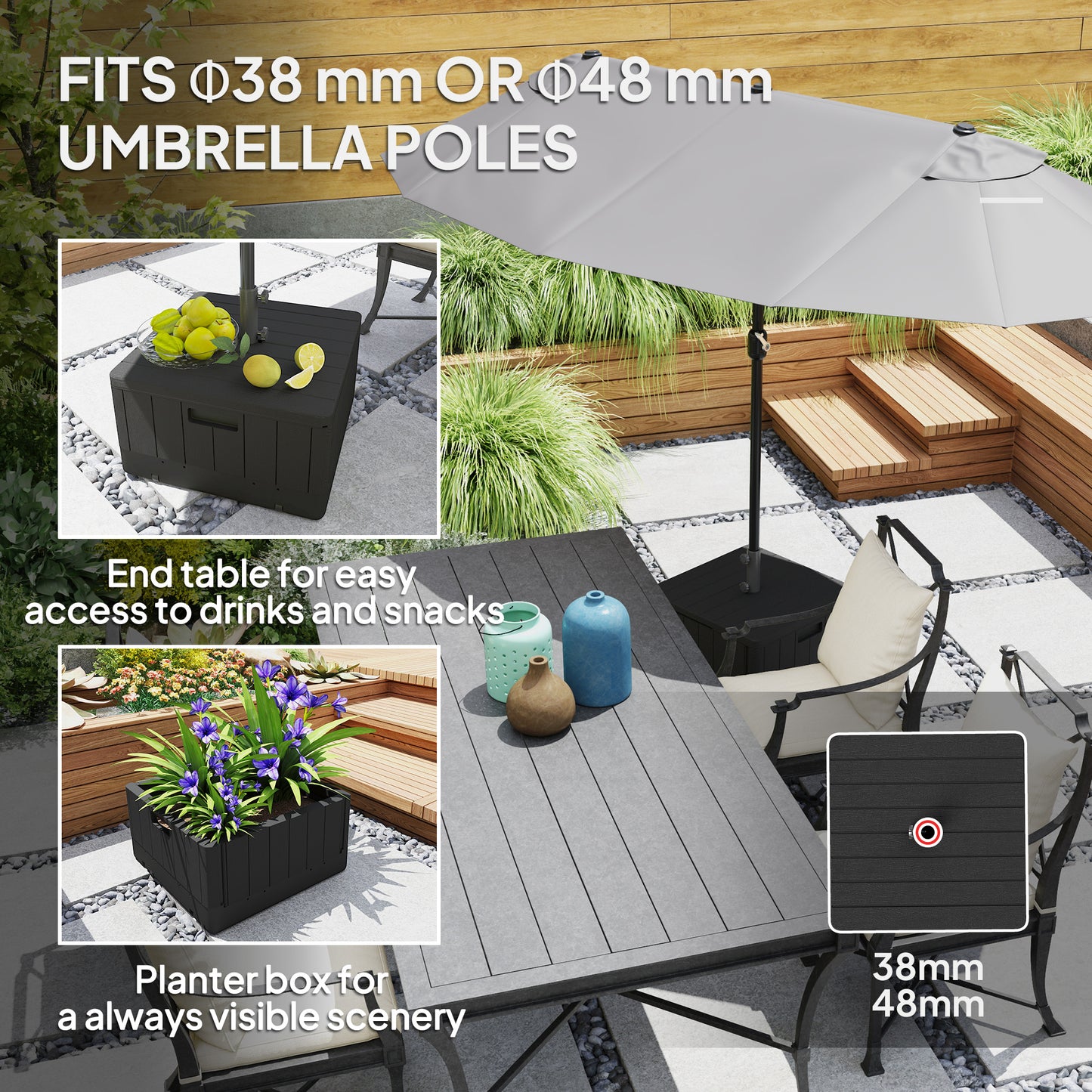Outsunny Parasol Base With Wheels For 38 And 48 Millimeter Poles Heavy Duty Stand Up To 80 Kg Or 50 Kg Water Black