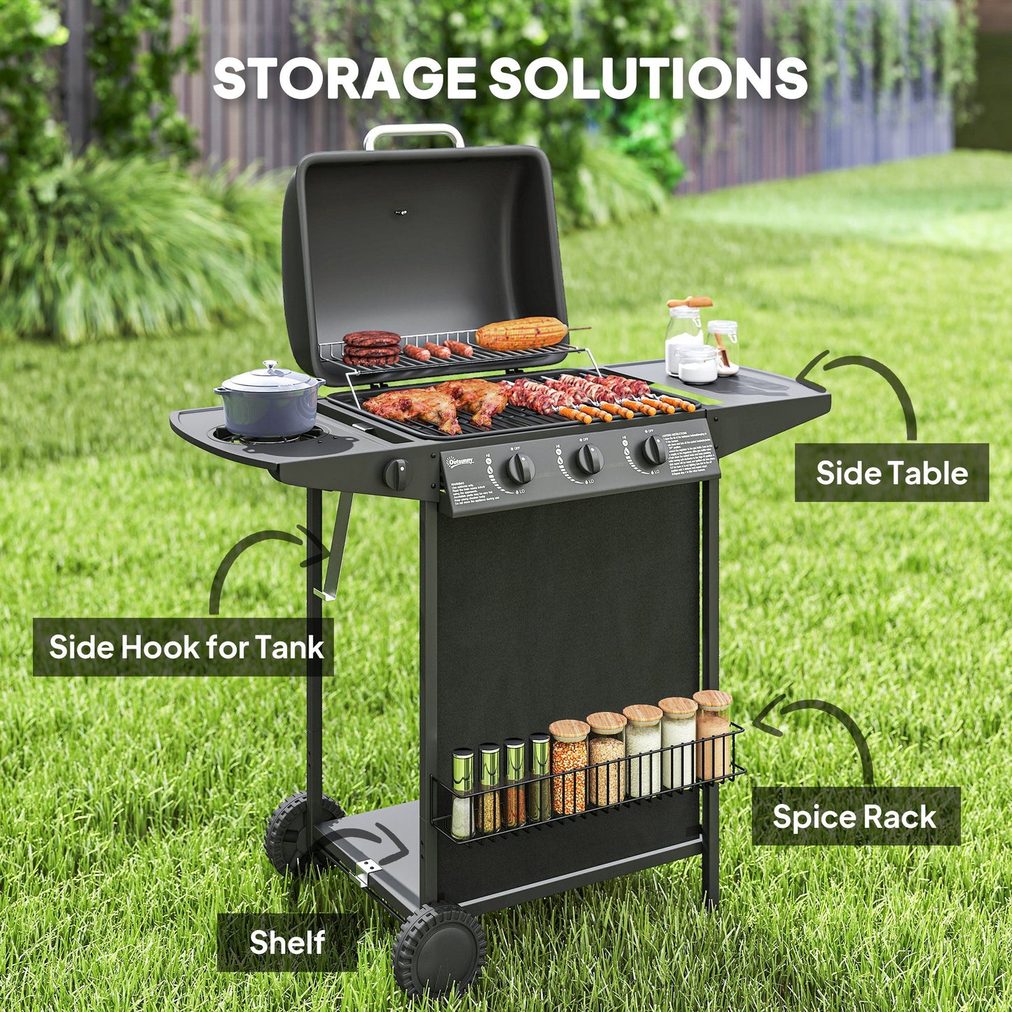 Outsunny Four Burner Gas Grill BBQ With Side Burner Warming Rack 1776 Cm2 Grilling Area Black