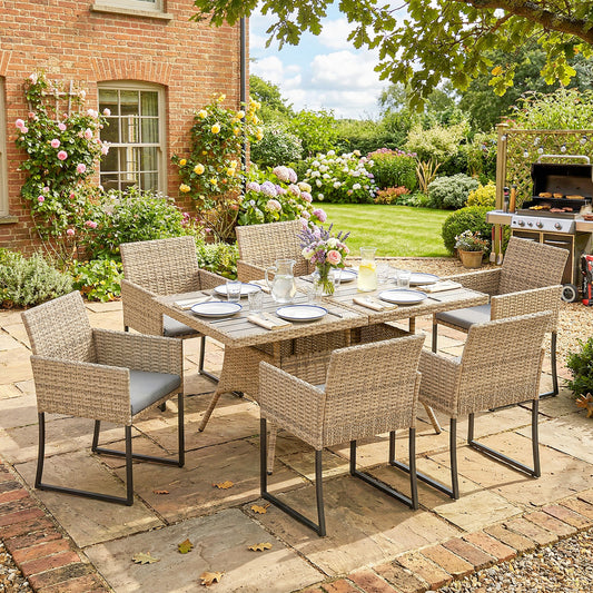 Outsunny 7 Piece Rattan Garden Dining Set With Wood Plastic Table And Six Stackable Chairs Dark Grey