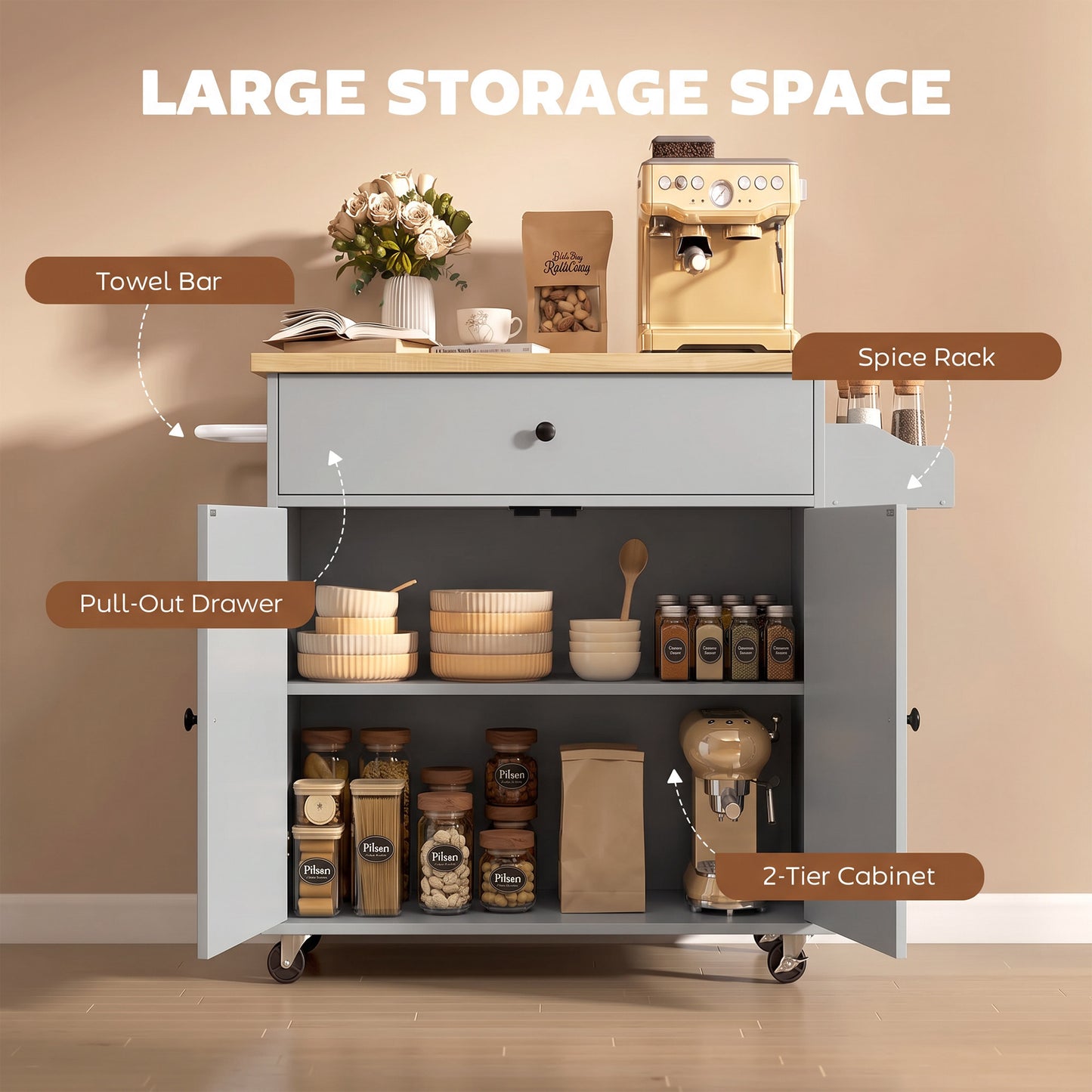 HOMCOM Kitchen Island With Drop Leaf And Rolling Wheels In Grey