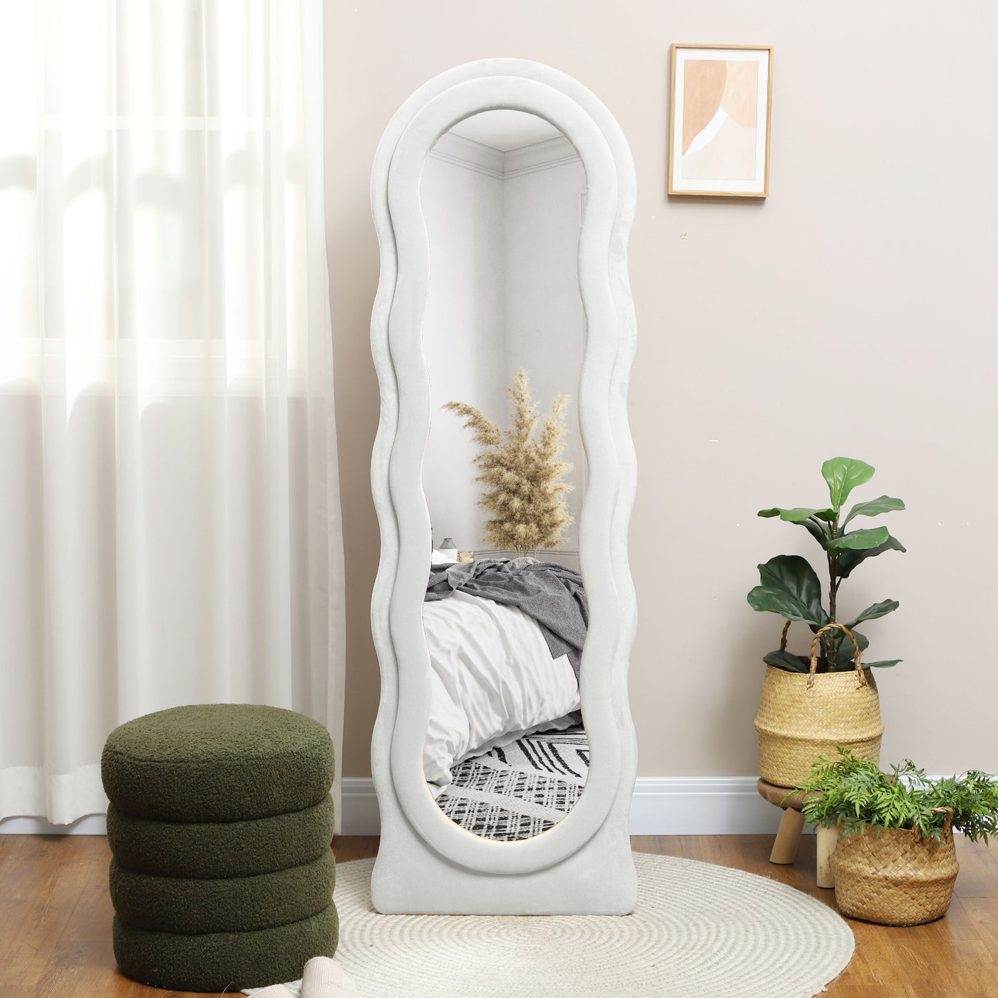 HOMCOM Wavy Velvet Feel Full Length Mirror White Standing Mirror For Modern Bedroom