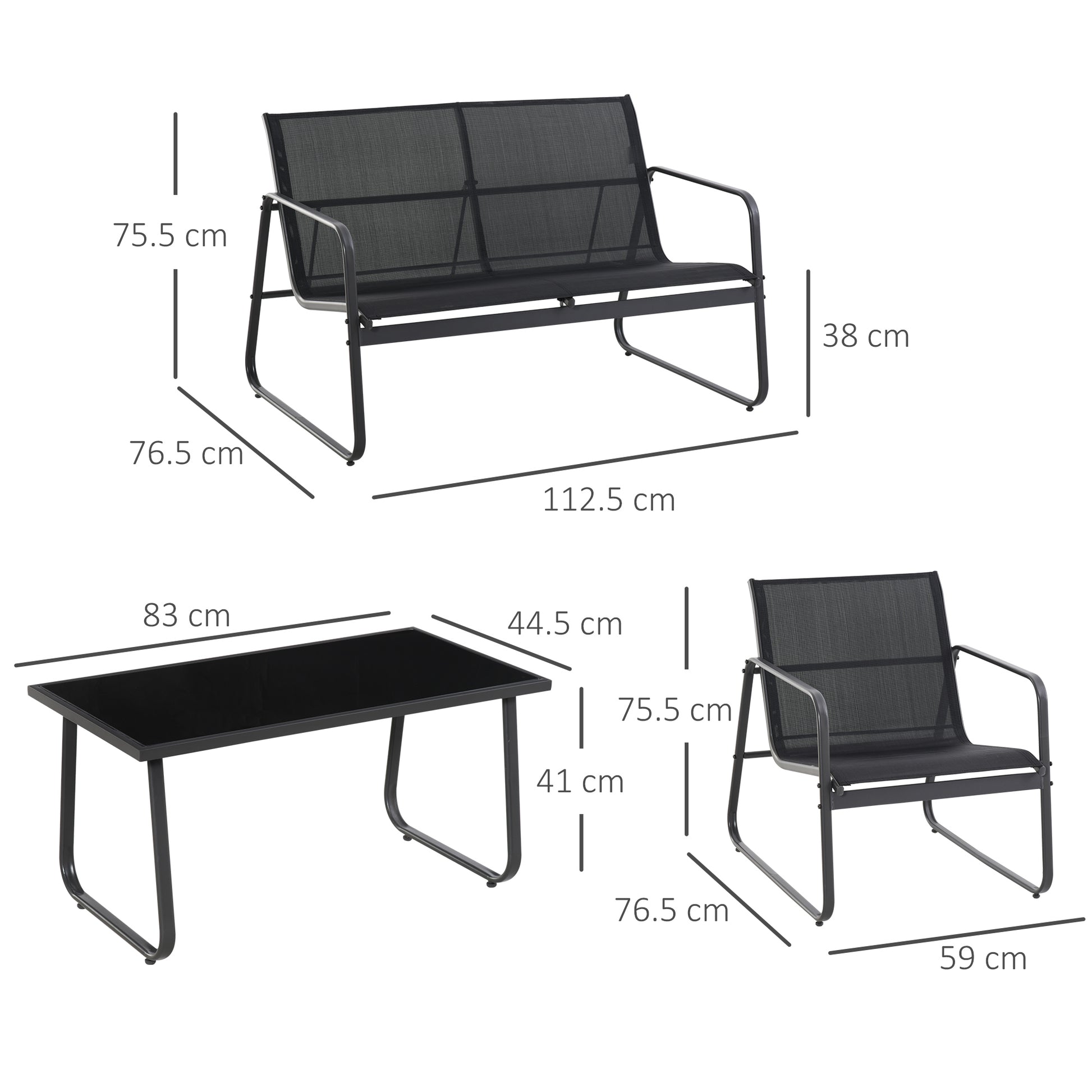 Outsunny Modern 4-Piece Outdoor Patio Sofa Set with Double and Single Chairs and Glass Top Table in Black - ALL4U RETAILER LTD