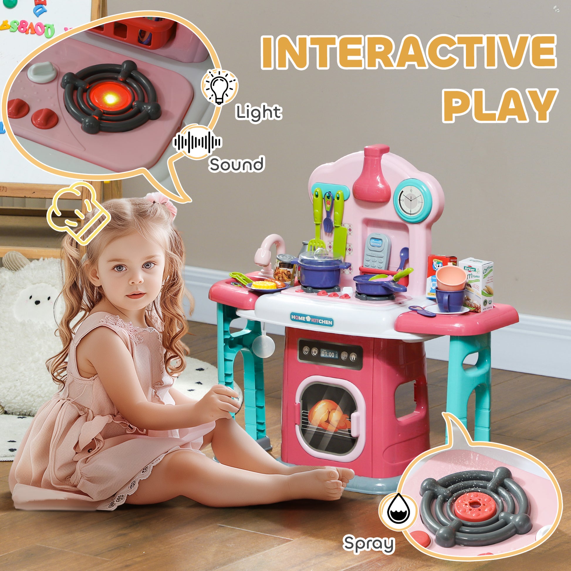 AIYAPLAY Toddler Pretend Play Kitchen Set with 45 Accessories, Light, Sound, and Spray Effects - Pink Kitchen for Kids Aged 3-6 Years - ALL4U RETAILER LTD