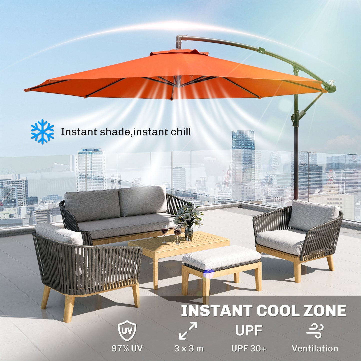 Outsunny 3m Overhanging Cantilever Parasol With Cross Base Orange UV Resistant Polyester Umbrella