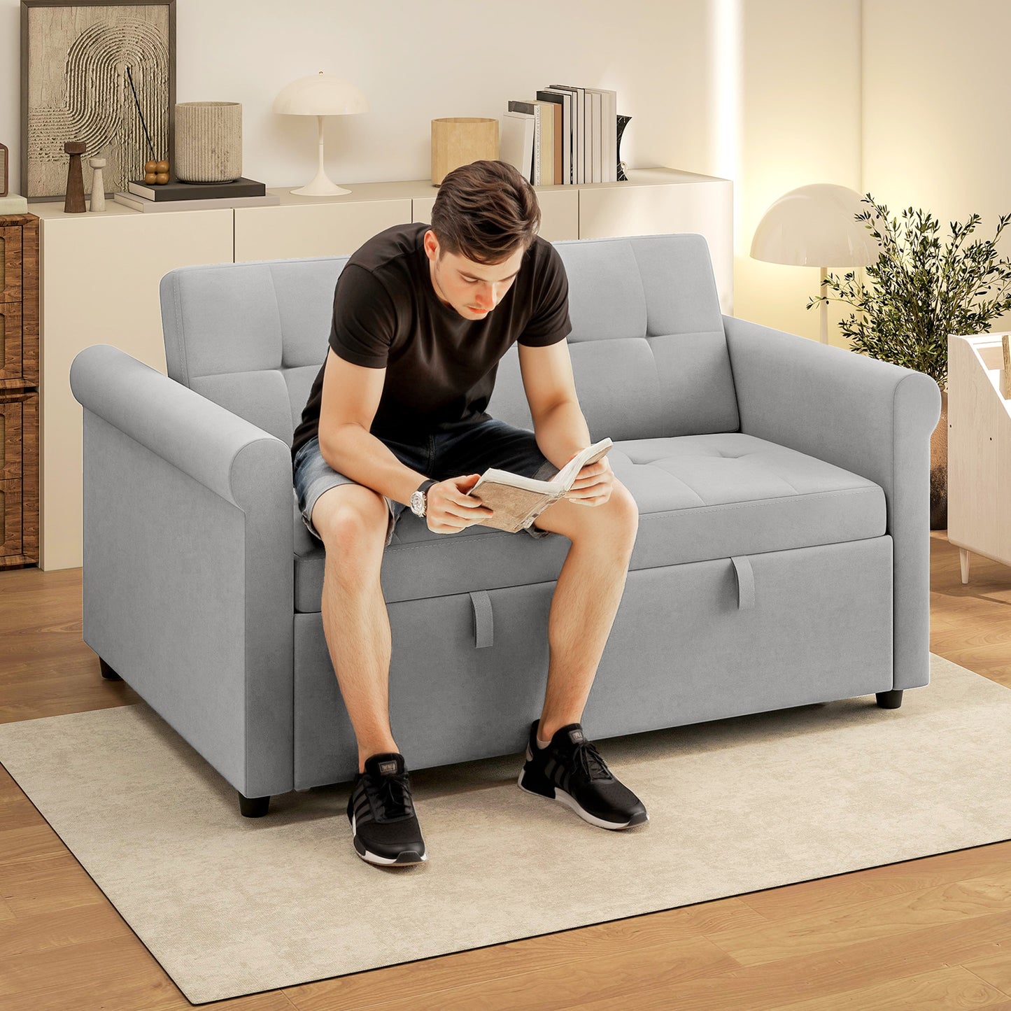 HOMCOM Two-Seater Velvet-Feel Sofa Bed Grey With Adjustable Back and High-Density Foam