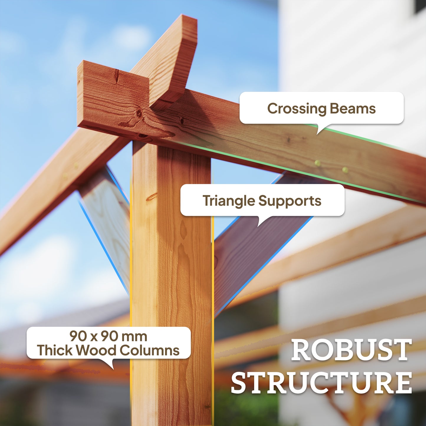 Outsunny 3x3m Wooden Pergola Kit Garden Gazebo Grape Trellis With Triangle Supports Five Beams Maple Wood Effect