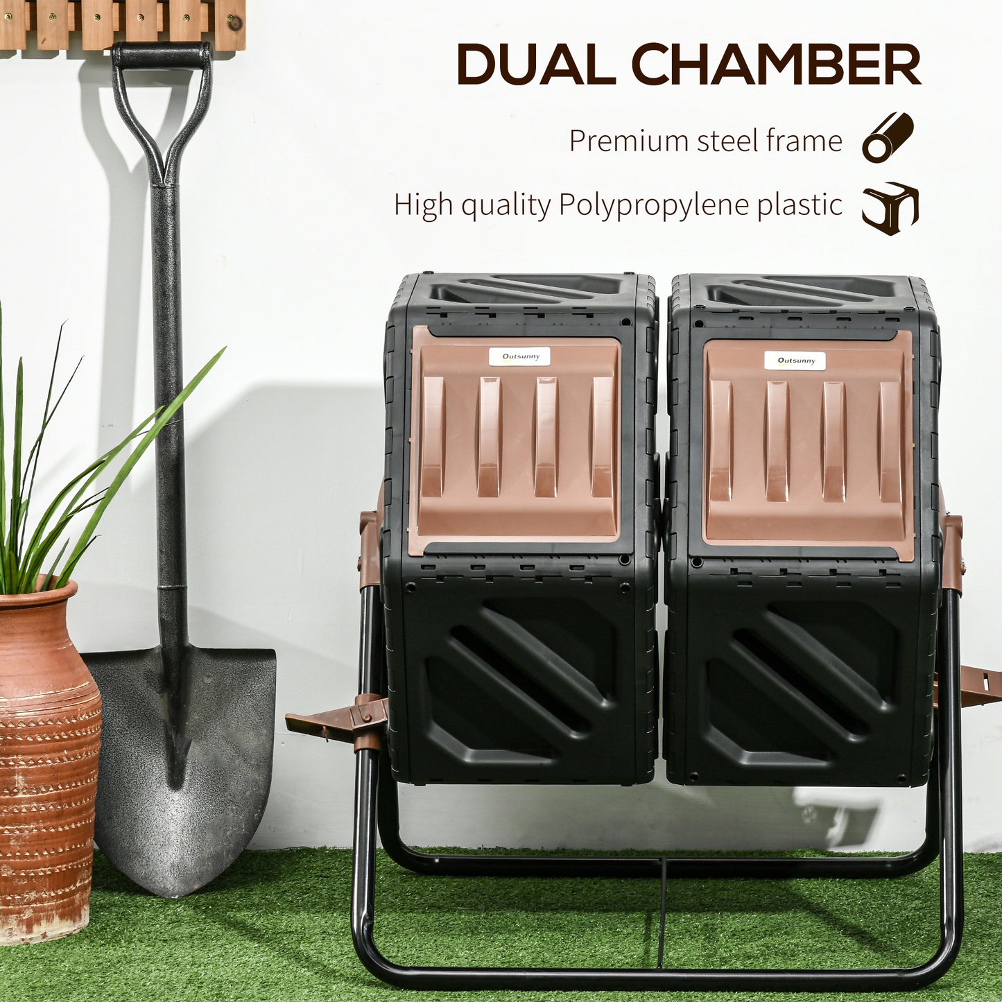 Outsunny 130L Double Chamber Composter Outdoor Garden Waste Bin Black For Eco Friendly Home Composting