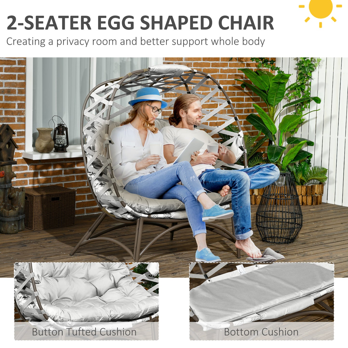 Outsunny 2 Seater Egg Chair Outdoor Folding Weave Garden Furniture With Cushion Cup Pockets Light Grey