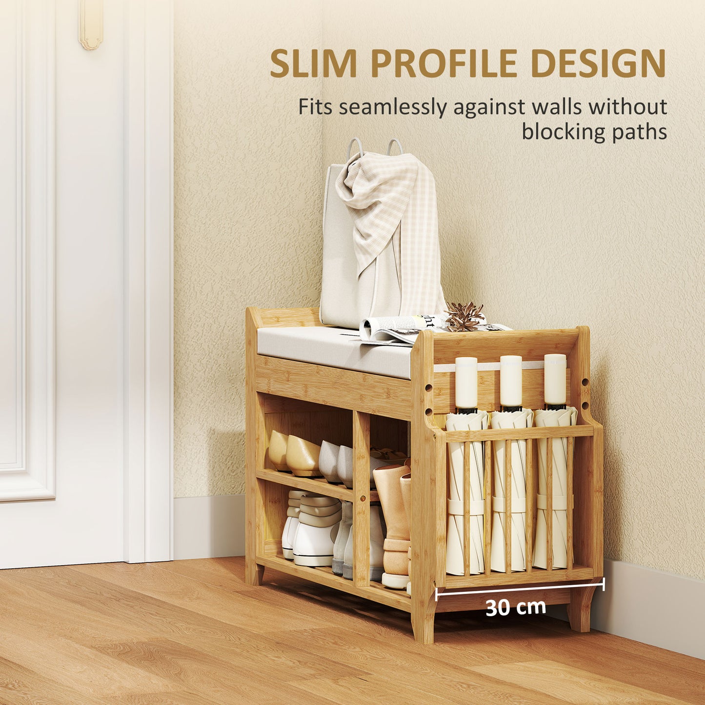 HOMCOM 2 Tier Shoe Bench With Cushioned Seat For Entryway Storage Natural And Cream 100 x 30 x 50 cm