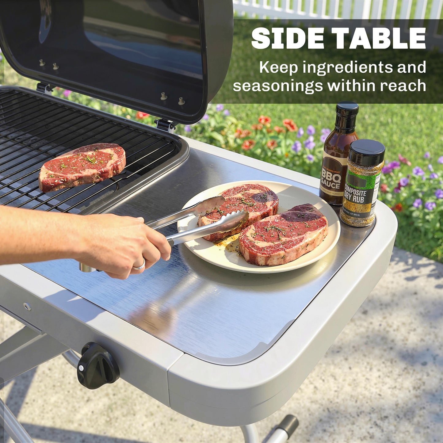 Outsunny Foldable Gas BBQ Grill With Side Table Portable 2.5 KW Thermometer Grease Box Wheels Black