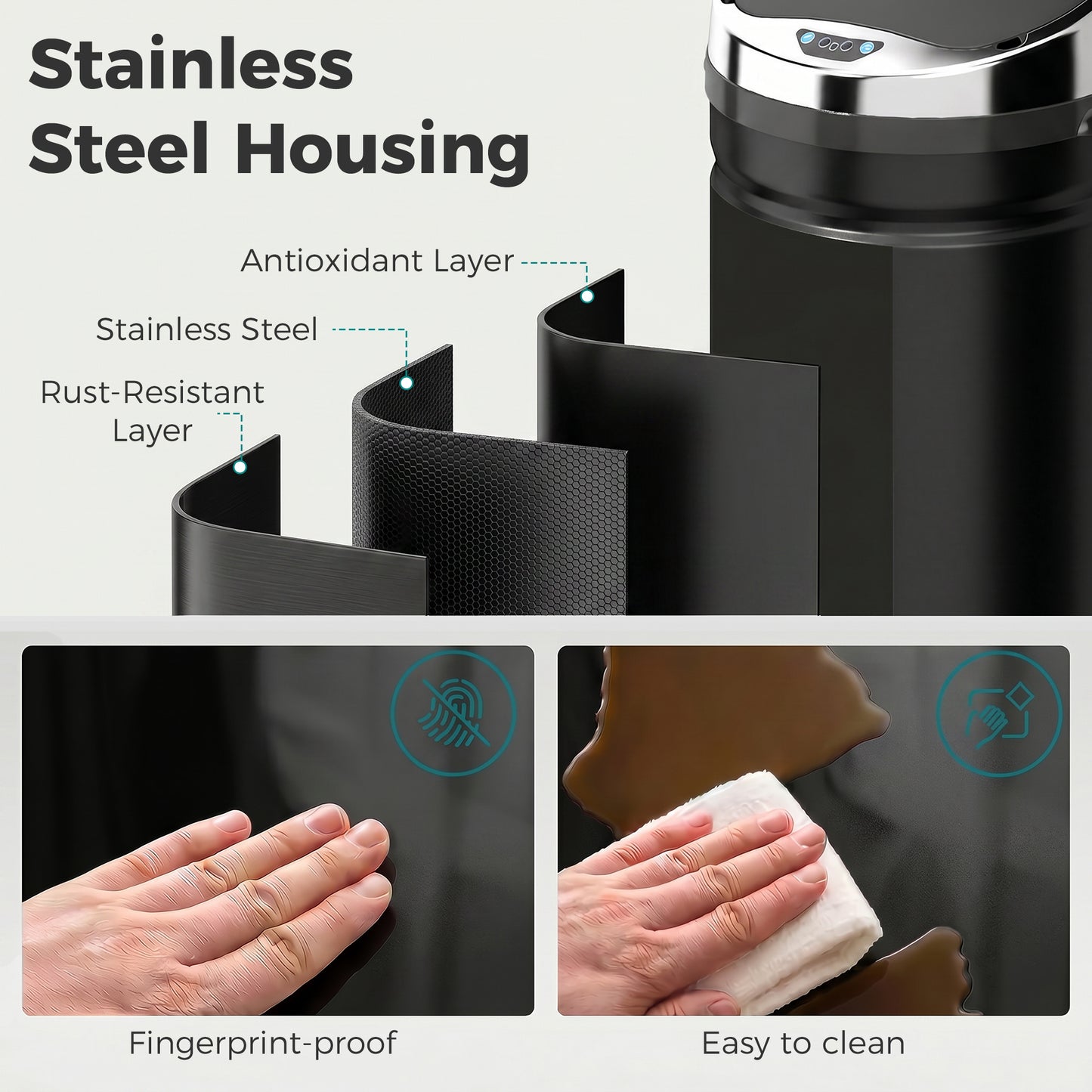 HOMCOM 42L Automatic Motion Sensor Trash Bin With Fingerprint Resistant Finish Stainless Steel Black