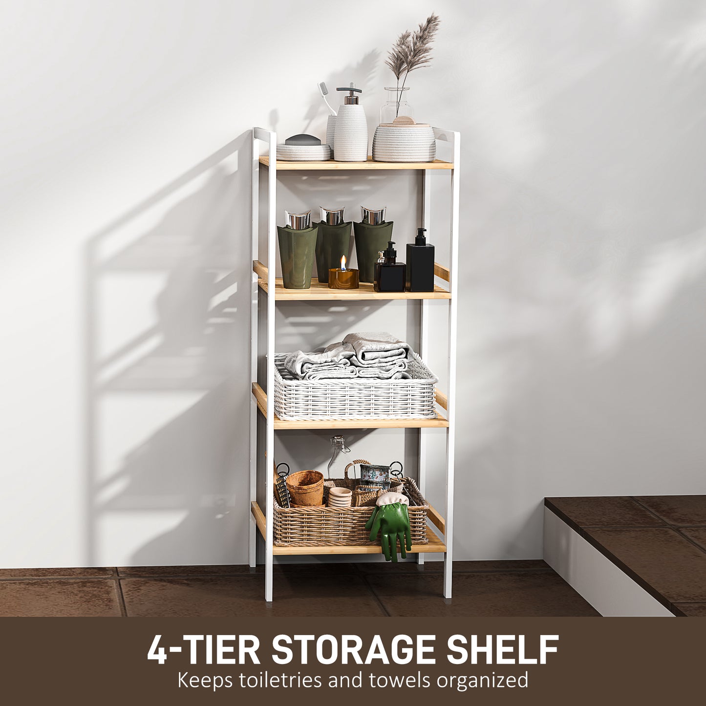 HOMCOM Four Tier Bamboo Adjustable Storage Shelf Unit for Bathroom and Home Organization with Seven Level Adjustments
