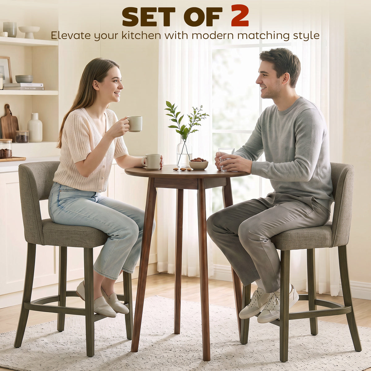 Set of 2 counter-height bar stools with curved backrests and dark upholstery for dining