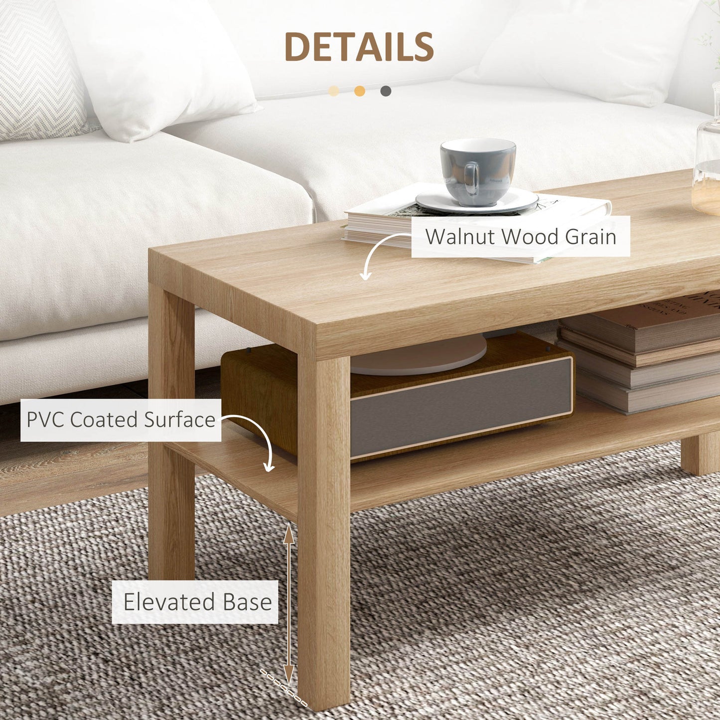 HOMCOM 2 Tier Coffee Table With Storage Shelf Rectangular Table For Living Room And Home Office Natural Wood Finish