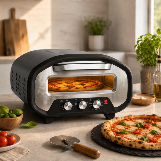 Electric pizza oven with black shell and glass window, baking a topped pizza on stone
