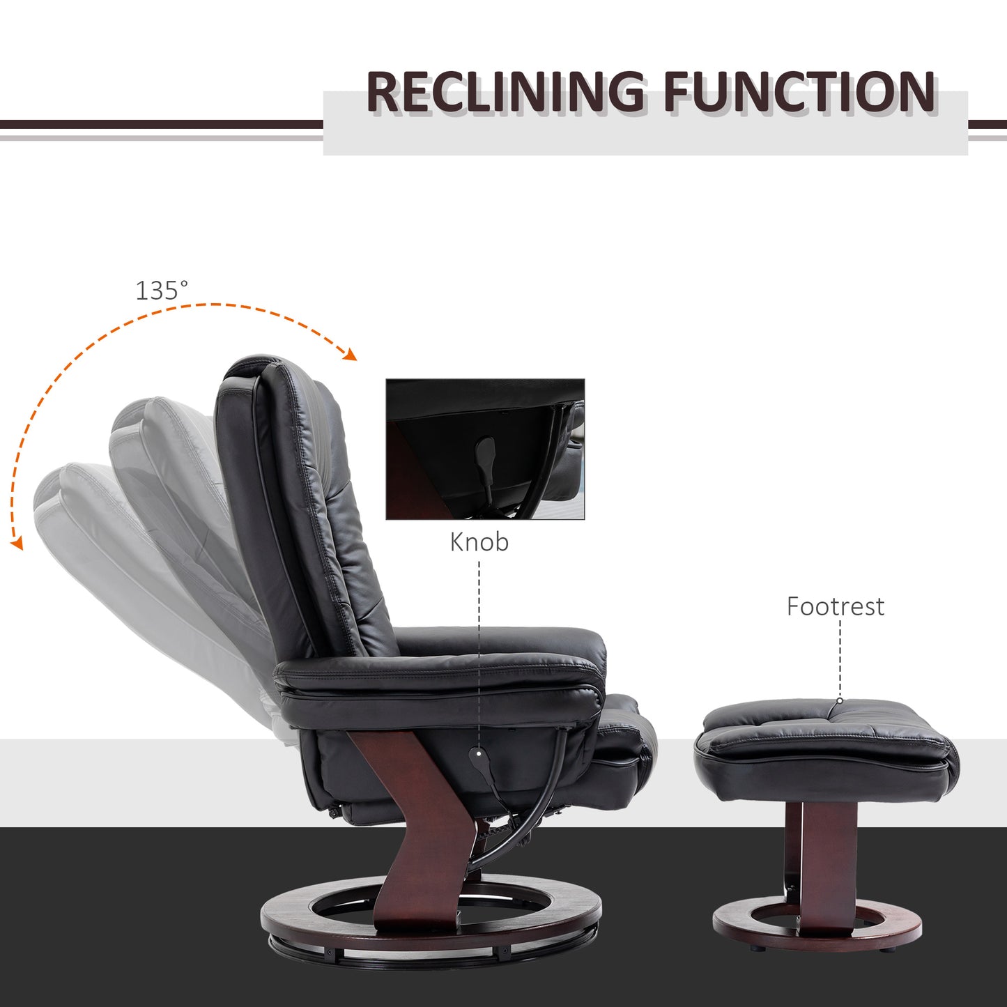 HOMCOM PU Leather Recliner Chair With Footstool 130kg Capacity 135 Degree Swivel Wood Base Black