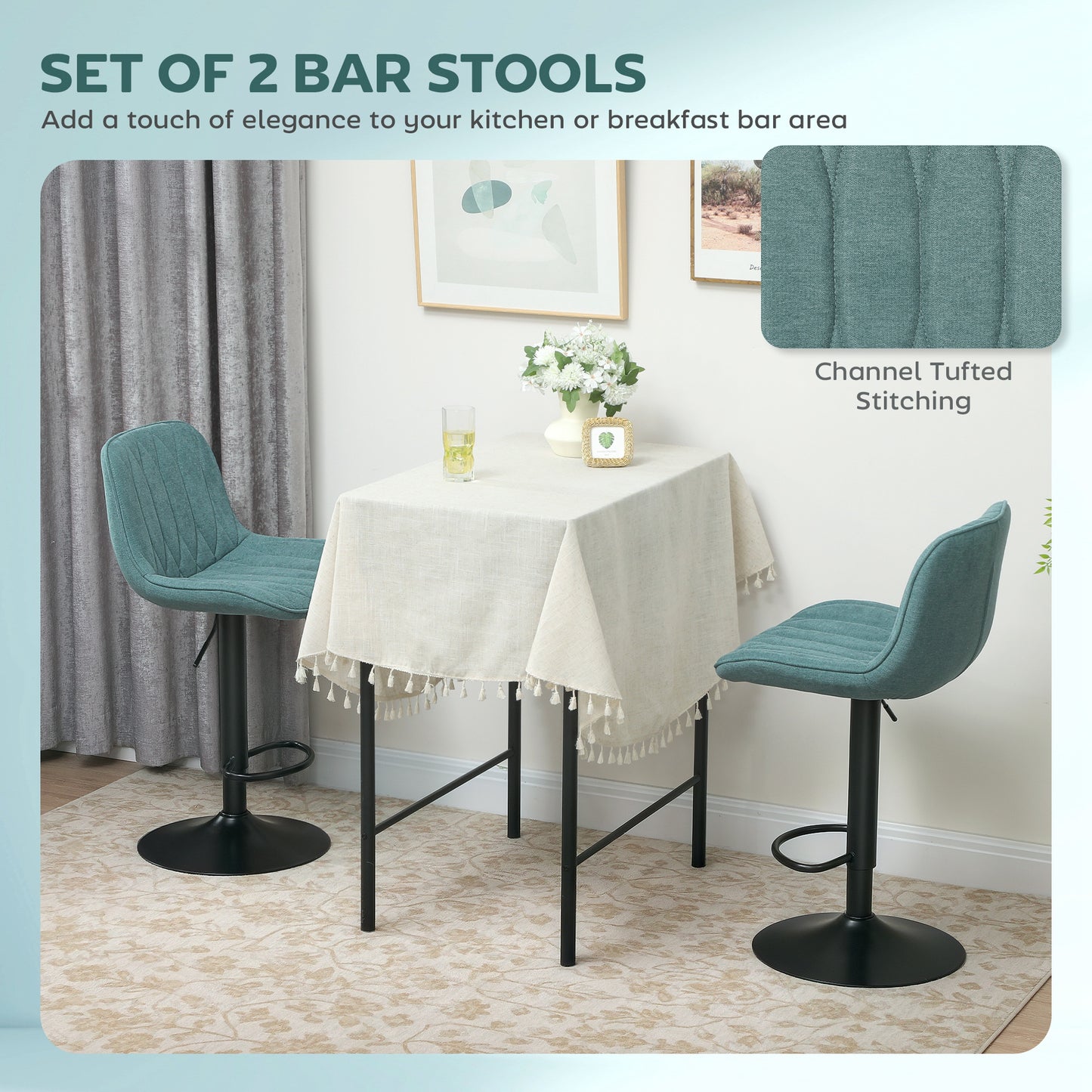 HOMCOM Set Of Two Linen Look Bar Stools Blue With Adjustable Height 60 To 80 Cm 360 Degree Swivel Padded Seats