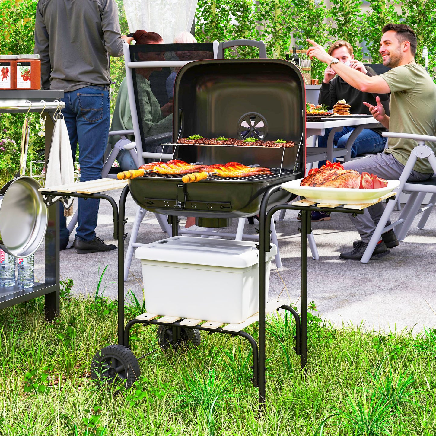 Outsunny Portable Charcoal BBQ Grill With 1840 cm2 Cooking Area Three Shelves Adjustable Vent Lockable Lid Wheels Red