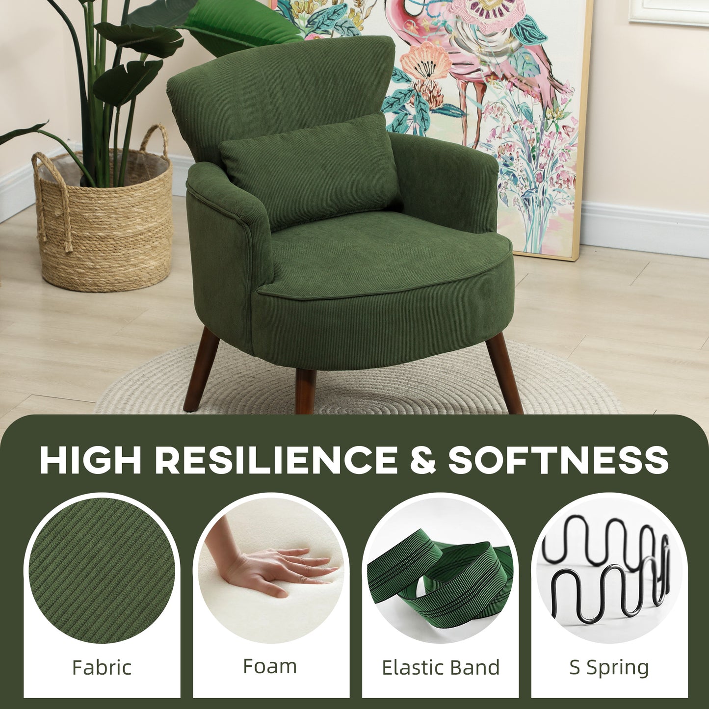 HOMCOM Corduroy Retro Wingback Accent Chair Green With High Density Foam And S Springs For Small Spaces