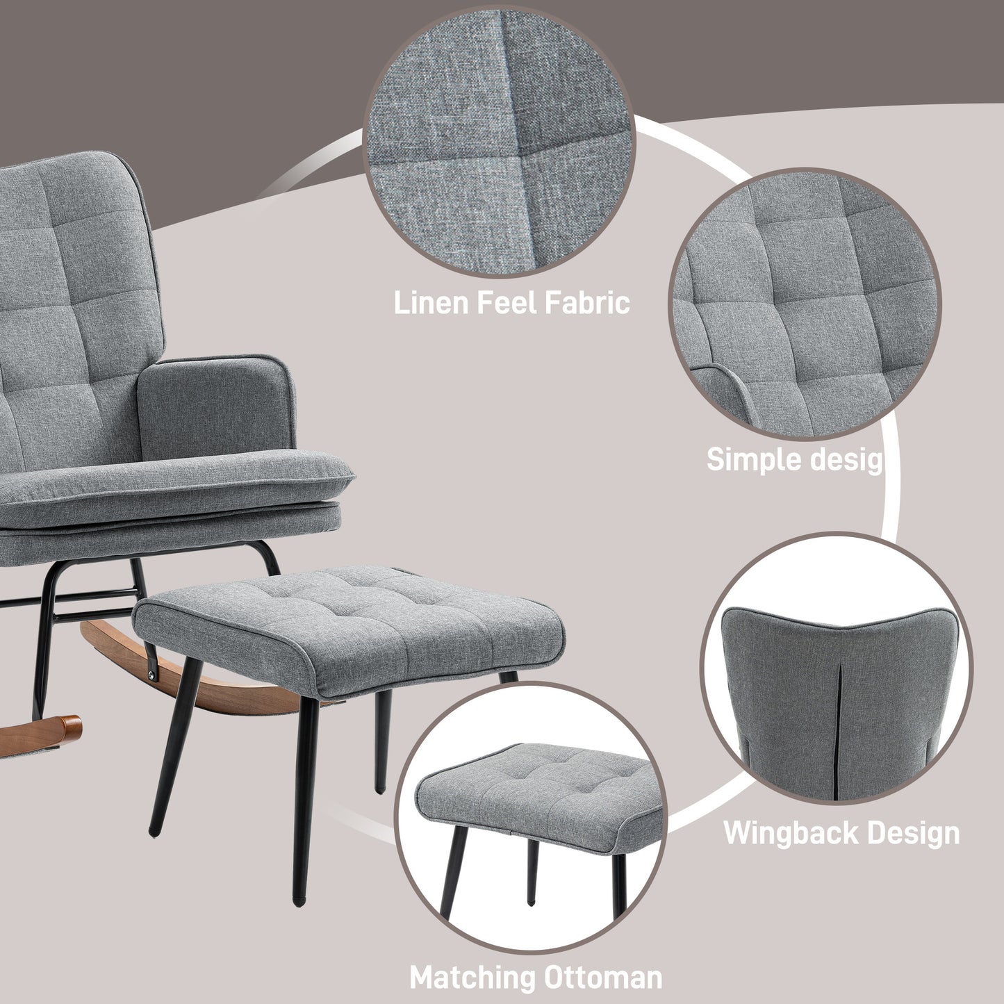 HOMCOM Linen Look Rocking Chair And Ottoman Set Grey With Padded Upholstery And Wooden Rocking Base