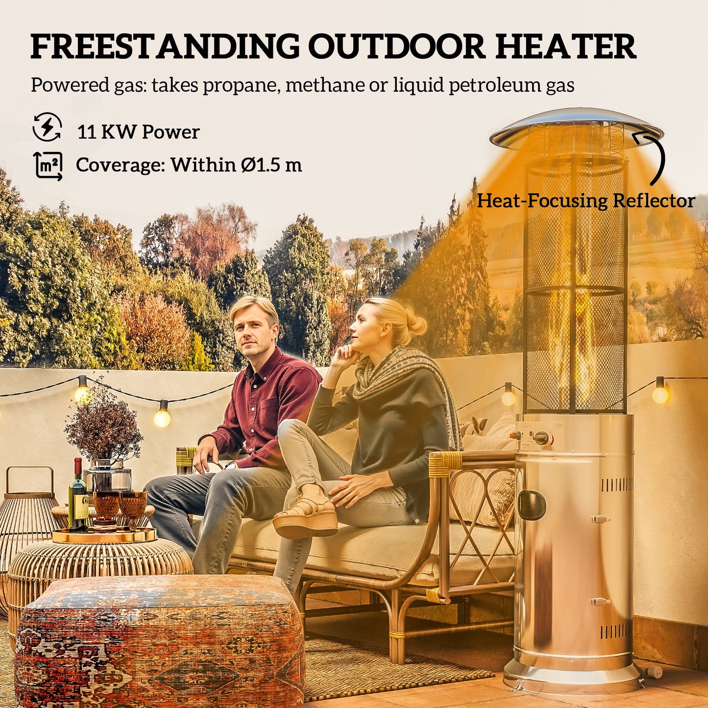 Outsunny 11Kw Adjustable Heat Gas Patio Heater For Outdoor Patio With Pulse Ignition And Durable Metal Casing