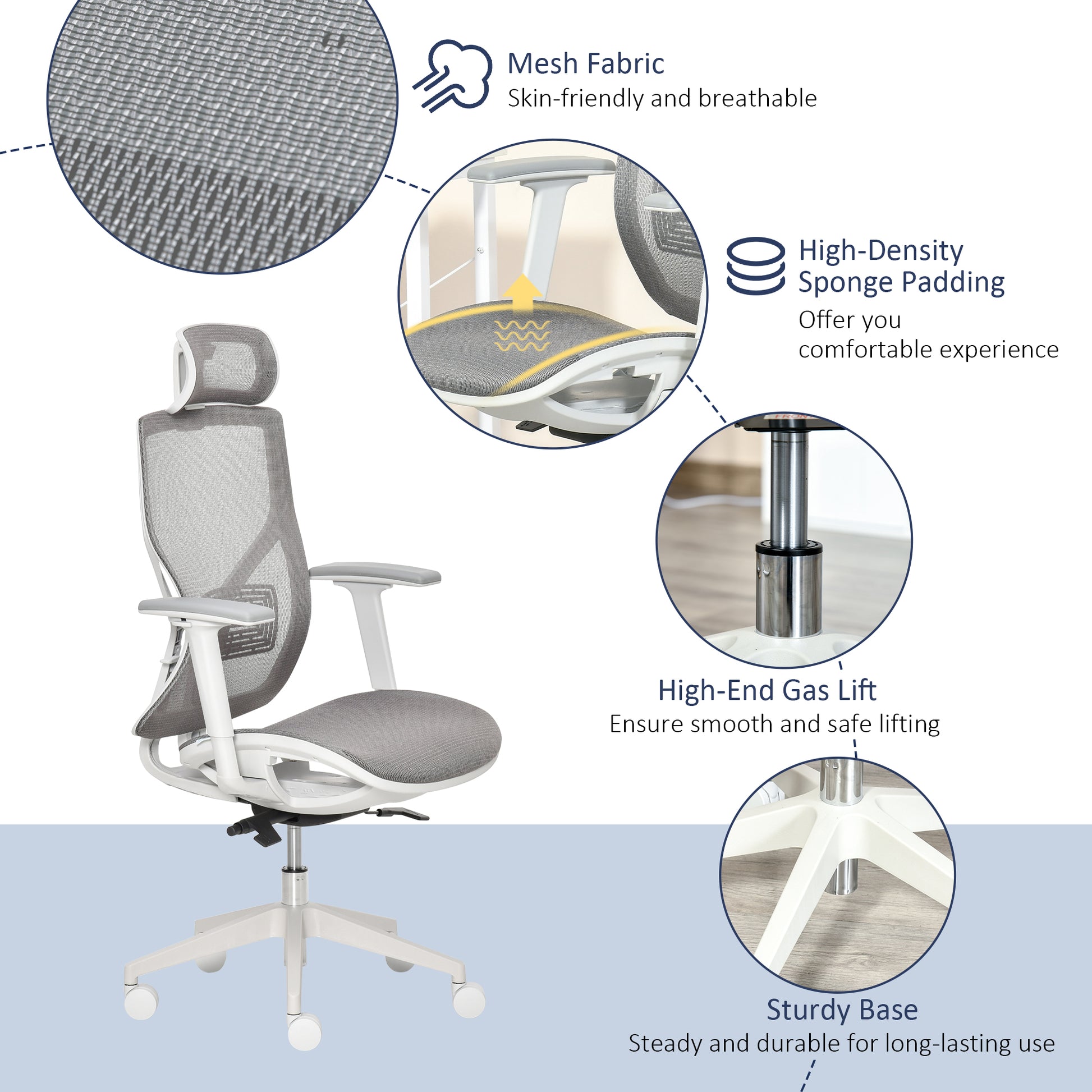 Vinsetto Grey Ergonomic Swivel Office Chair with Adjustable Height, Mesh Back, and 3D Armrests for Home Workspace - ALL4U RETAILER LTD