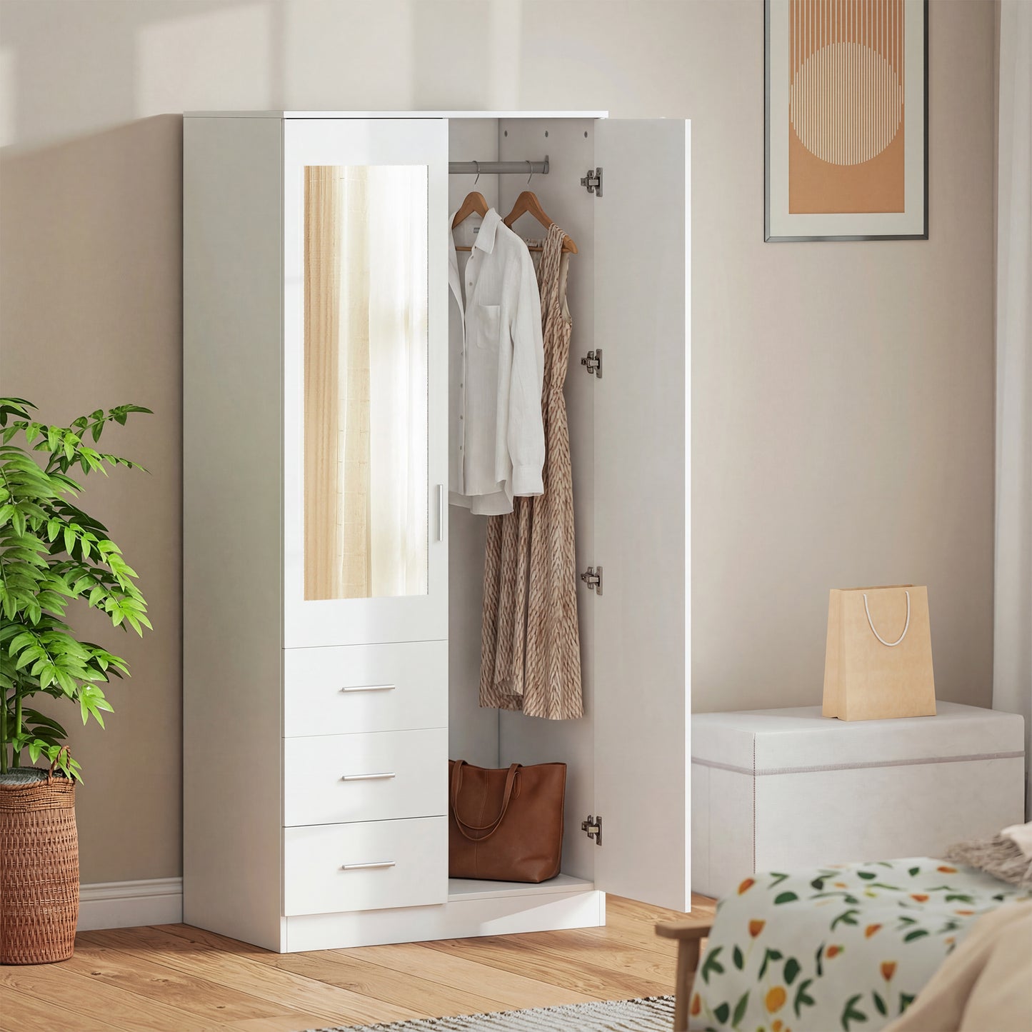 HOMCOM Two Door Three Drawer Mirrored Wardrobe With Hanging Rail And Adjustable Shelves White 80 Cm By 50 Cm By 180 Cm