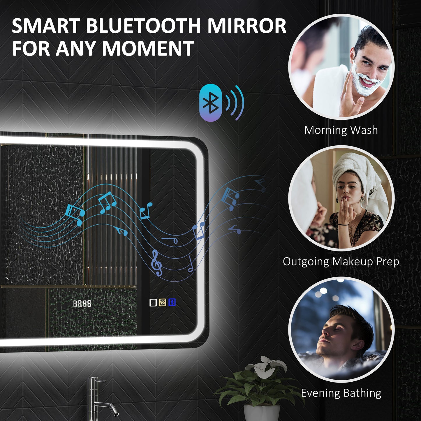 HOMCOM 80 x 60 cm Bluetooth Bathroom Mirror With LED Edge Lighting Silver Tone For Clear Illumination