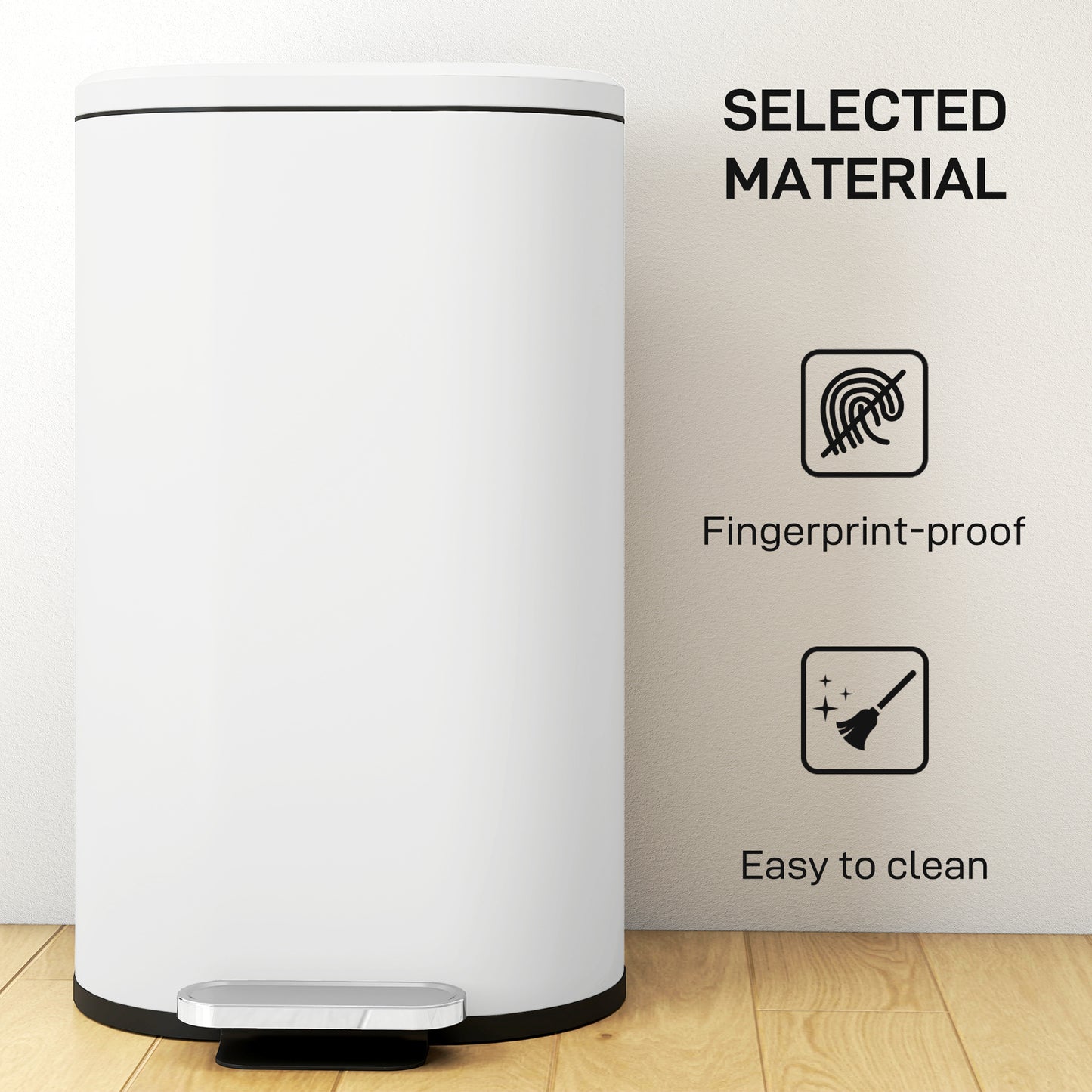 HOMCOM 30 L Modern Curved Kitchen Bin with Silent Soft Close Lid Cream Finish Pedal Operation