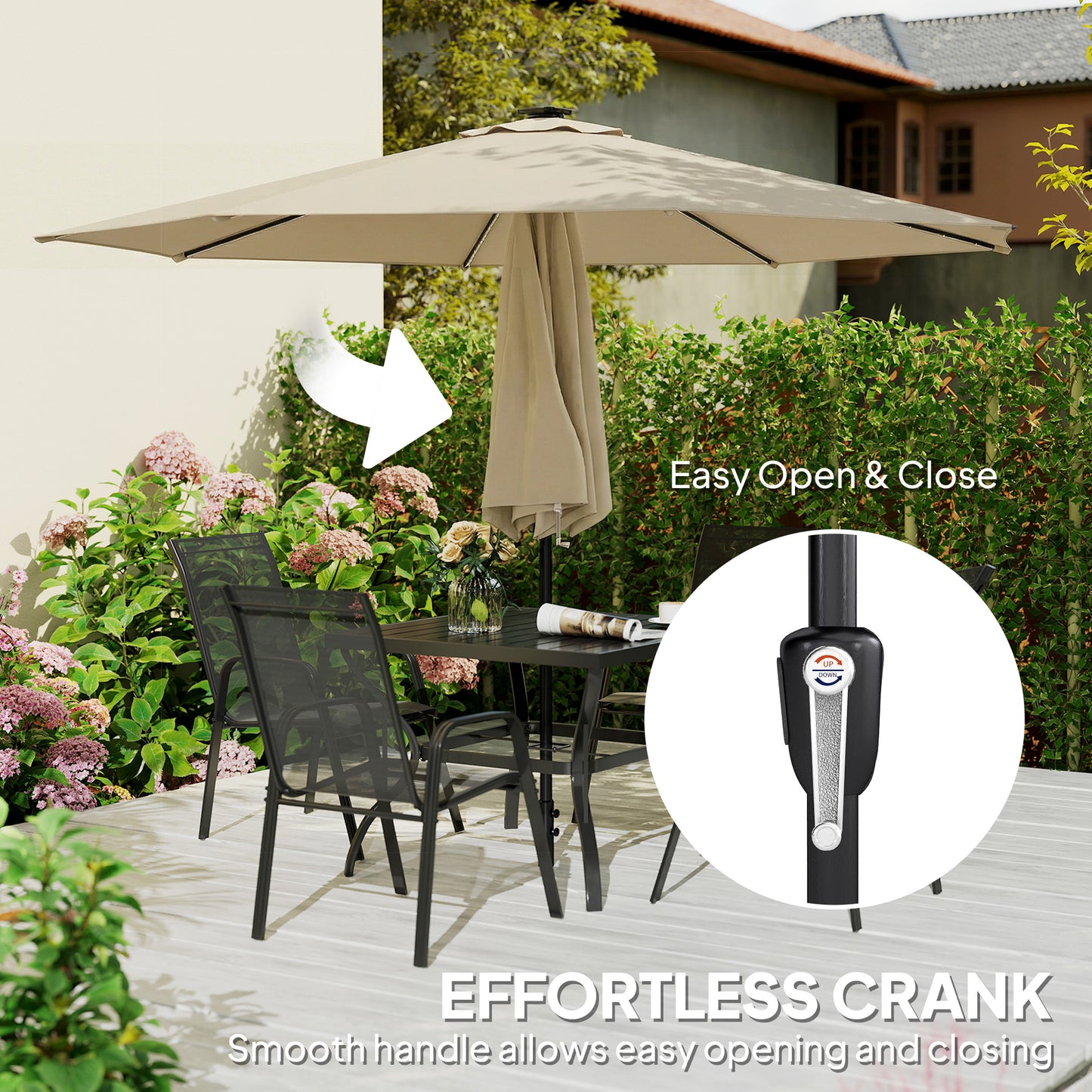 Outsunny 3 Meter Garden Parasol Umbrella With 112 Solar Powered LED Lights And USB Charging Crank Handle Beige