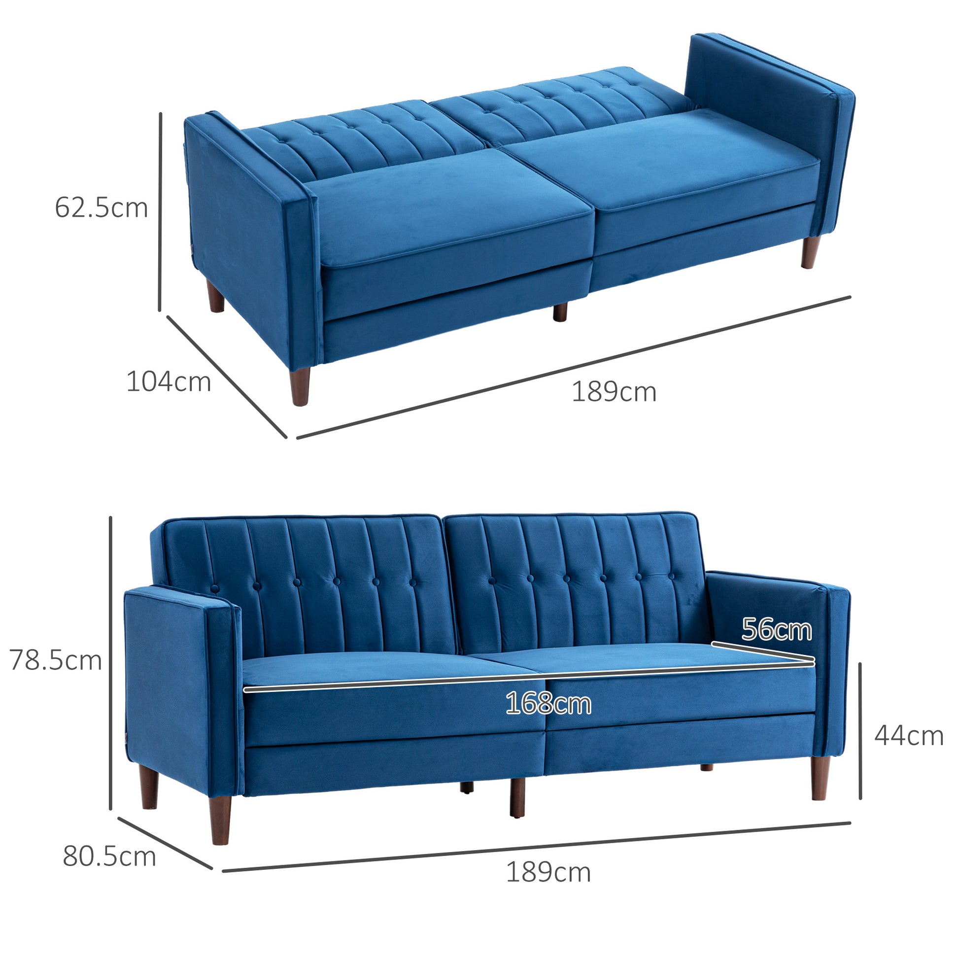 HOMCOM Stylish Convertible Sofa Bed with Velvet Finish and Adjustable Backrest, Compact Loveseat in Blue - ALL4U RETAILER LTD